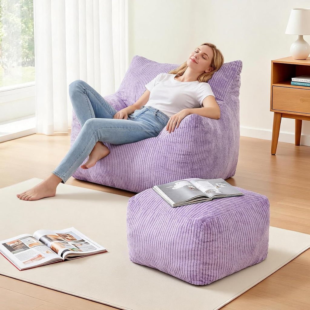 Bean Bag Chair with Ottoman, Oversized Cloud Boneless Couch, Memory Foam Beanbag Set for Adults & Teens, Plush Corduroy Comfy Chair for Bedroom, Dorm, Living Room, Gaming & Reading Nook (Purple)