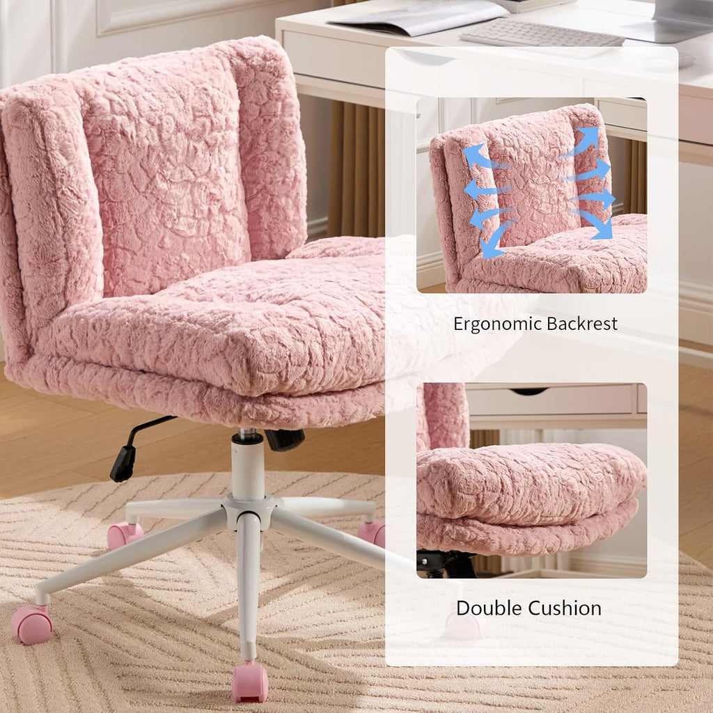 Shenyon Criss Cross Chair with Wheels, Wide Cross Legged Office Chair with 2 Layer Cushions & Back, Adjustable Swivel Home Office Chair, Comfy Faux Fur Makeup Vanity Chair for Girls Women, Pink