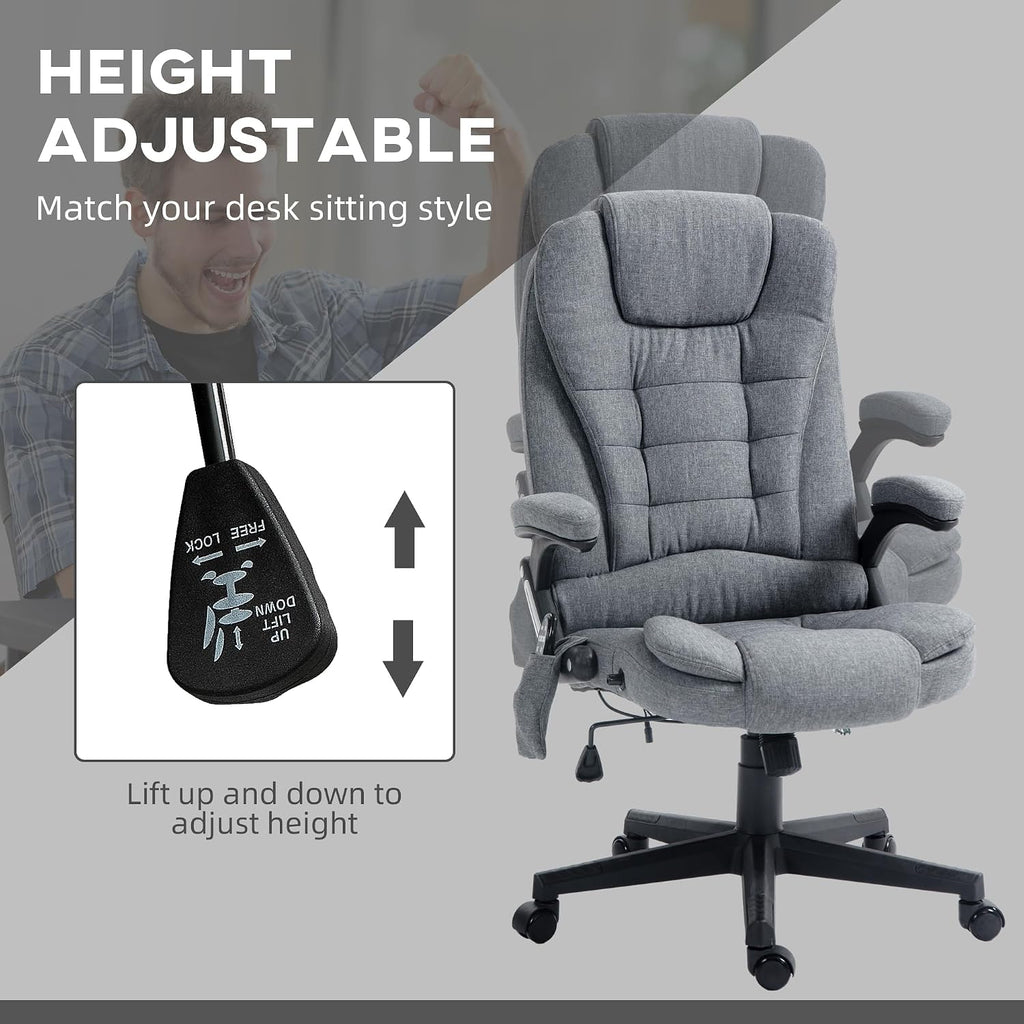 Vinsetto 6 Point Vibrating Massage Office Chair with Heat, Linen High Back Executive Office Chair with Reclining Backrest, Padded Armrests and Remote, Gray