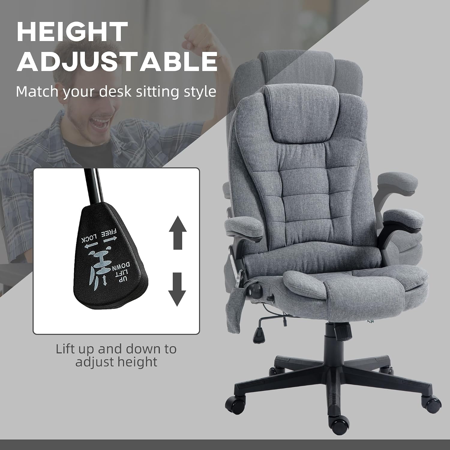 Vinsetto 6 Point Vibrating Massage Office Chair with Heat, Linen High Back Executive Office Chair with Reclining Backrest, Padded Armrests and Remote, Gray