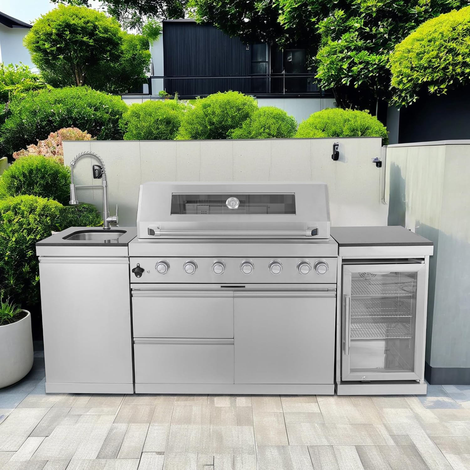 Modular Outdoor Kitchen BBQ Island, 85' Outdoor Kitchen Propane Gas Island Grill with Sink, Compact Refrigerator, Storage Cabinets, Rotisserie Kit (Silver, 85')