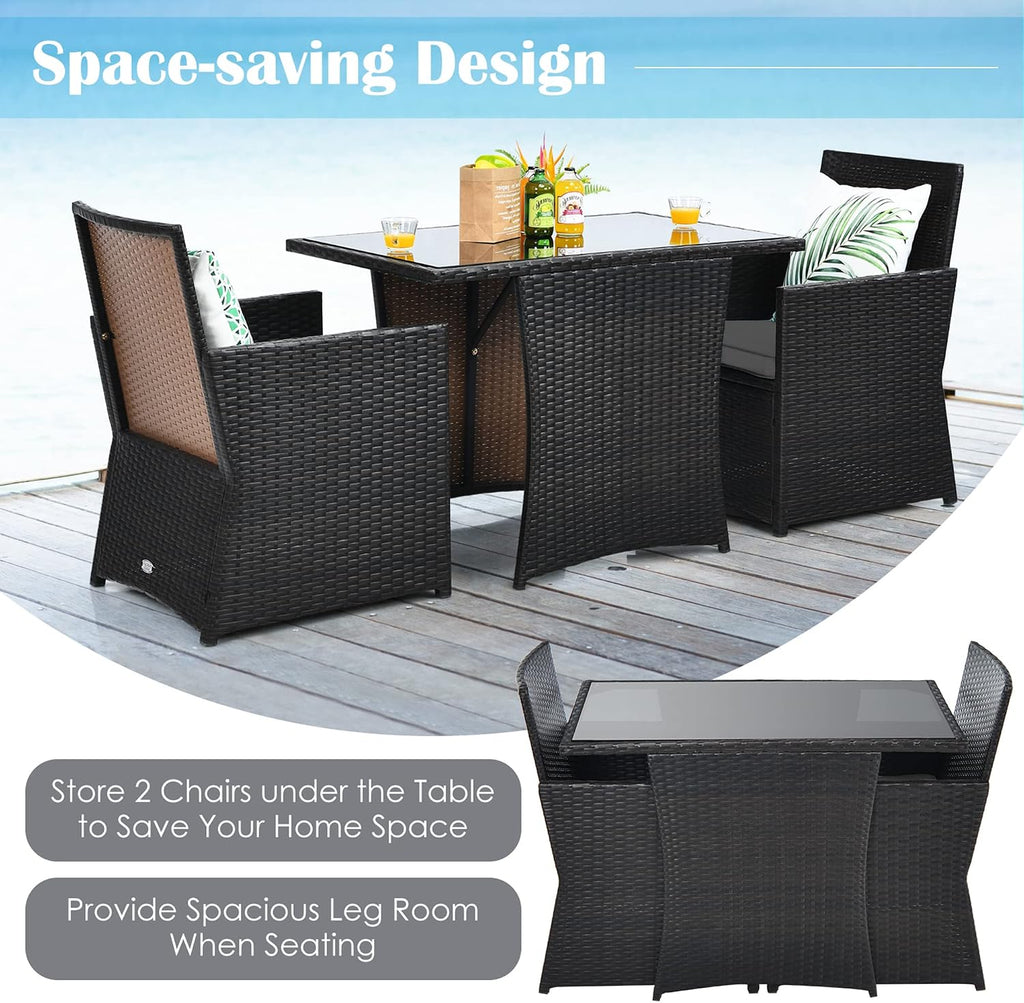 DORTALA Wicker Patio Bistro Set 3 Piece, Outdoor Table and Chairs with Tempered Glass Tabletop, Cushions, Small Rattan Furniture Conversation Sofa Set for Balcony, Porch, Backyard, Deck, Grey