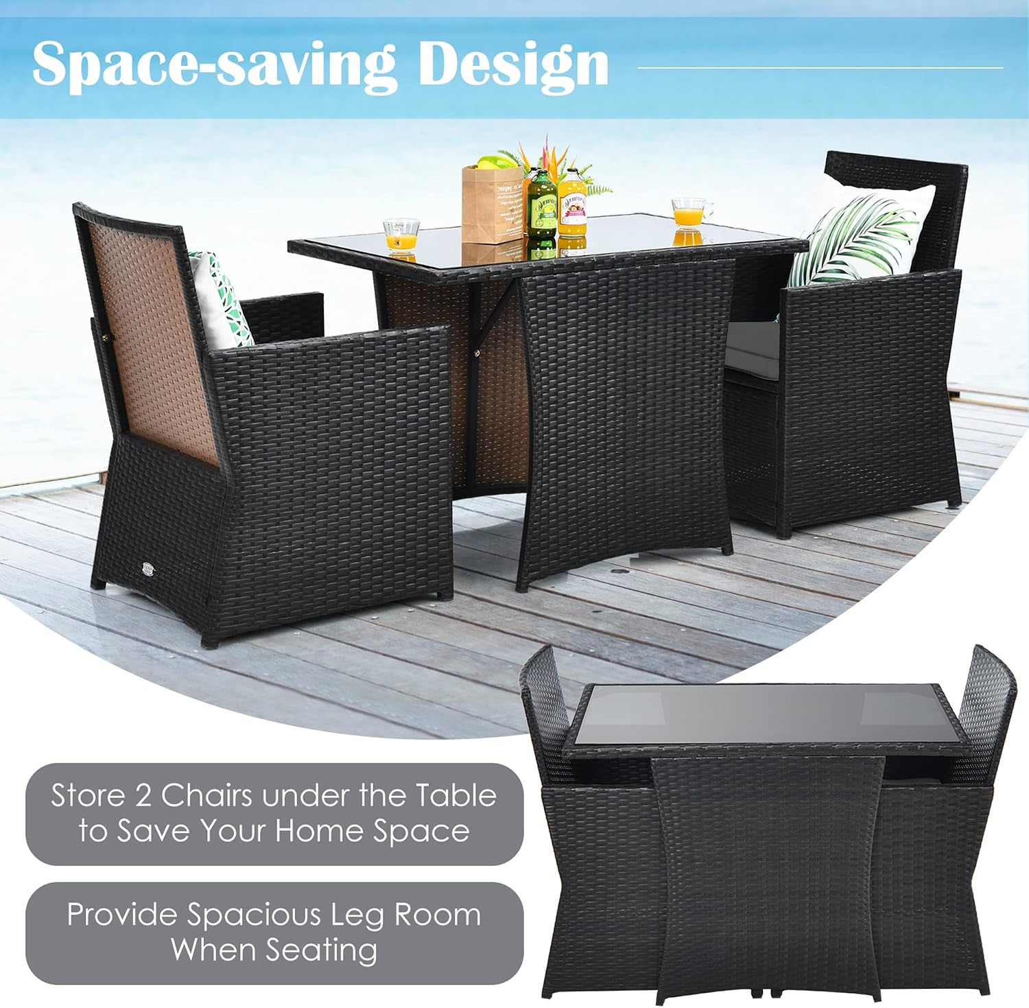 DORTALA Wicker Patio Bistro Set 3 Piece, Outdoor Table and Chairs with Tempered Glass Tabletop, Cushions, Small Rattan Furniture Conversation Sofa Set for Balcony, Porch, Backyard, Deck, Grey
