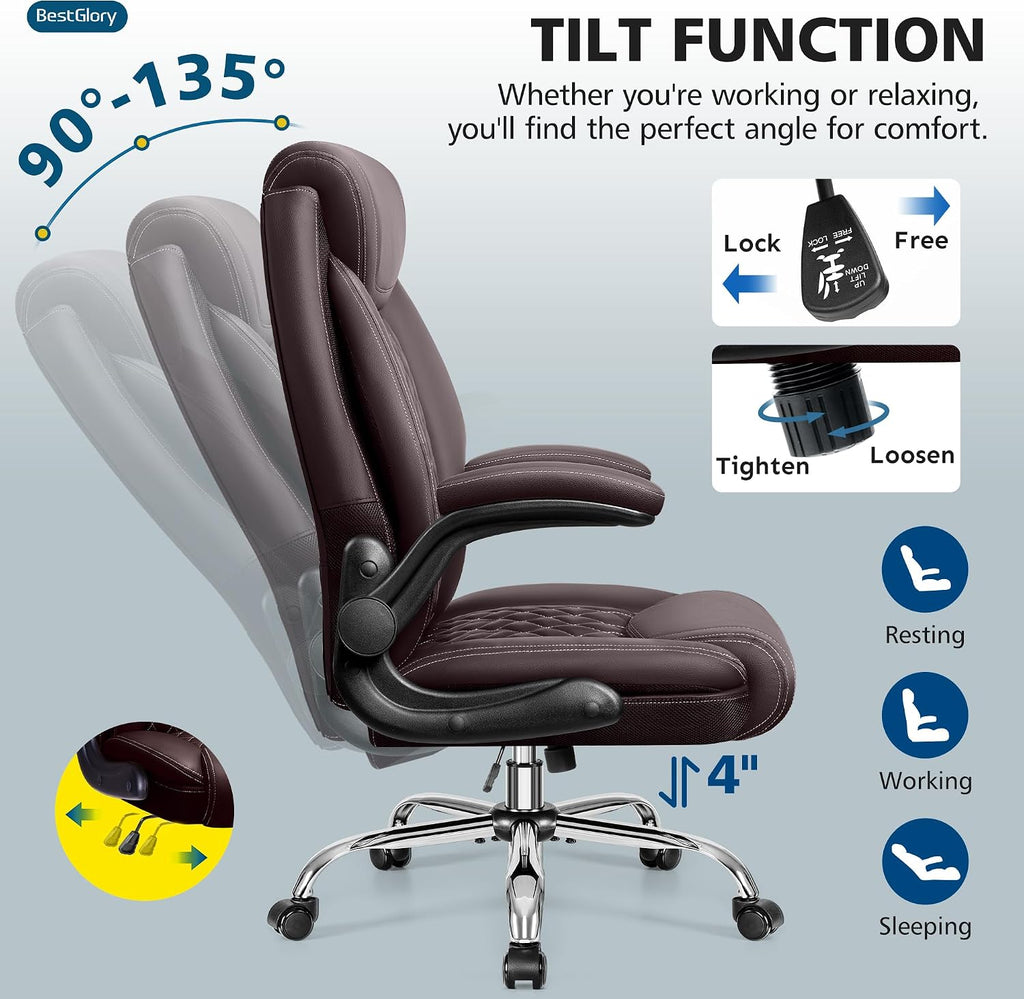 Office Chair, Executive Leather Office Chairs with Rocking Function, Big and Tall Ergonomic Computer Chair with Lumbar Support Flip-Up Armrests, Comfortable Gaming Chairs for Home Ofiice