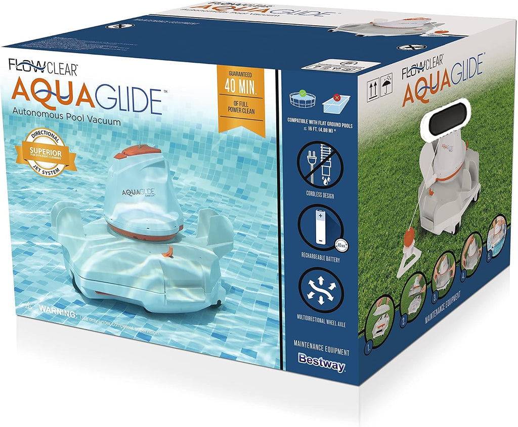 Bestway Flowclear AquaGlide Automatic Pool Cleaning Robot | Robotic Vacuum Cleaner Features Cordless, Rechargeable Battery | Designed for Flat-Bottom Above Ground and Inground Swimming Pools