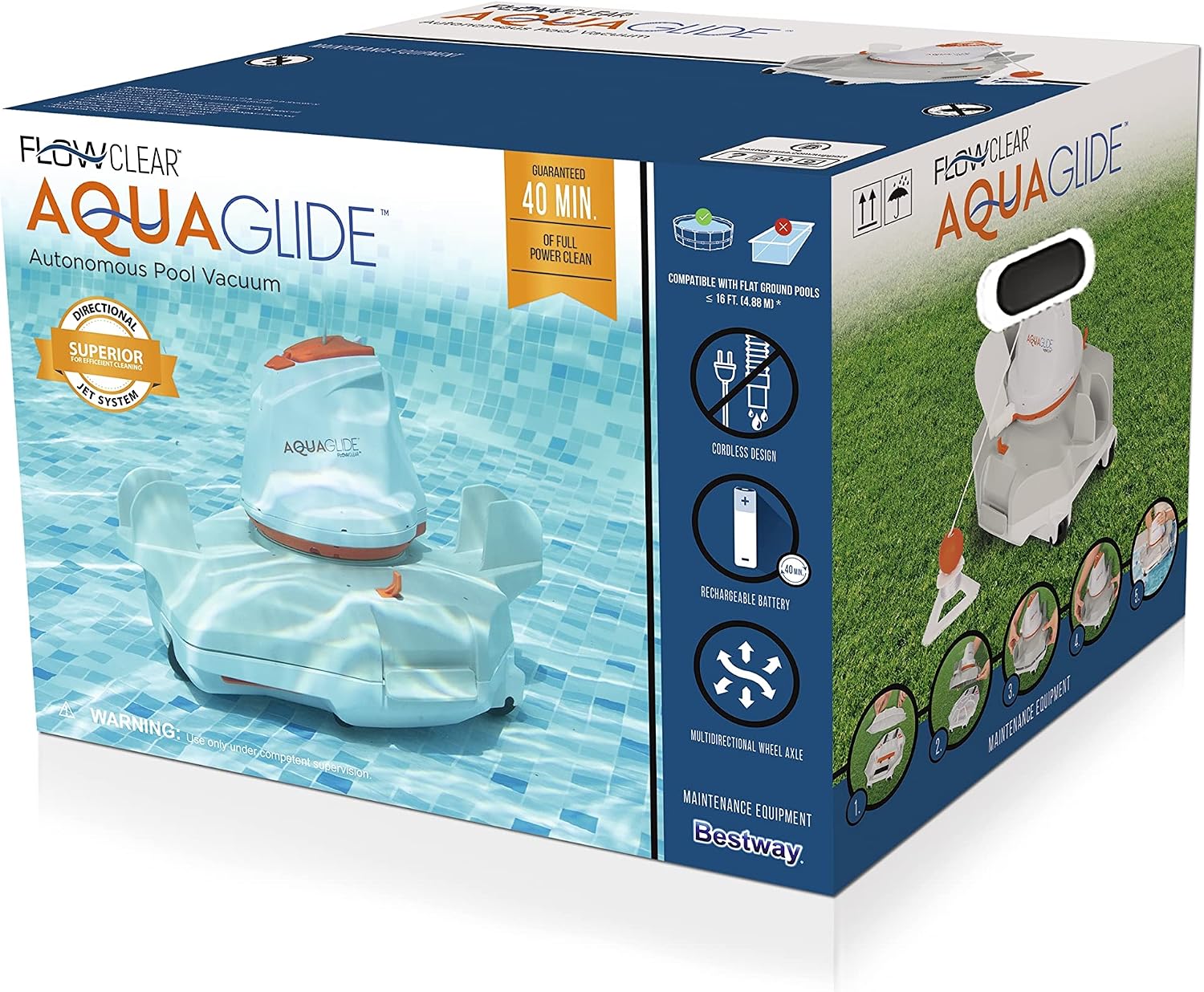 Bestway Flowclear AquaGlide Automatic Pool Cleaning Robot | Robotic Vacuum Cleaner Features Cordless, Rechargeable Battery | Designed for Flat-Bottom Above Ground and Inground Swimming Pools