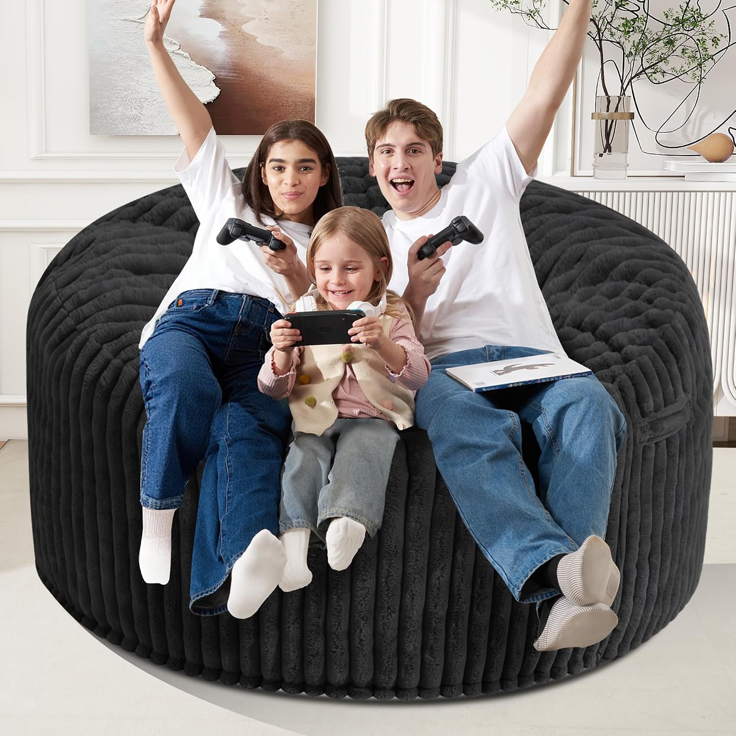 Homguava 6 FT Bean Bag Chair,6' Big Bean Bag,Giant Bean Bag Chairs for Adults with Memory Foam Filled,Comfy Large Beanbag Chairs Soft Bean Bag Sofa with Dutch Corded Plush Cover-Black