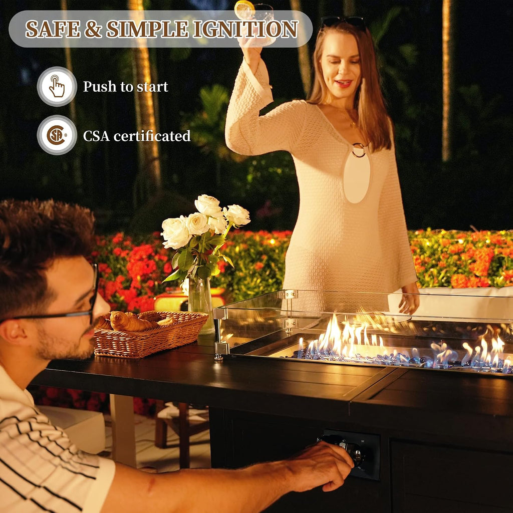 PIZZELLO 5-Pieces Patio Furniture Set w/ 60' Firepit Table and 4Pcs Patio Chairs, 50,000 BTU Aluminum Gas Fire Table and Stackable Dining Chairs, Outdoor Conversation Dining Set for Backyard