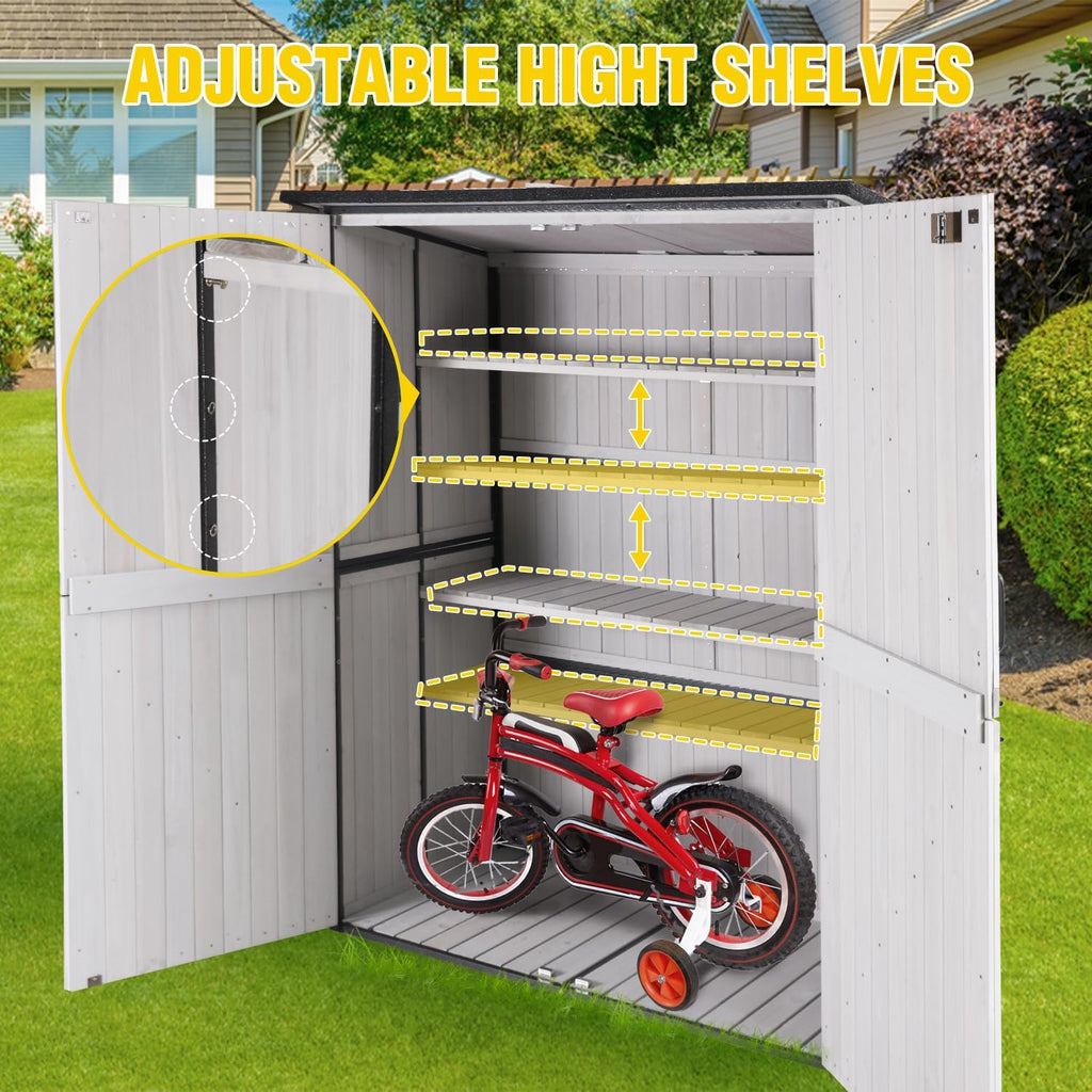 Storage Shed,Outdoor Storage Cabinet with Metal Frame Structure and Adjustable Shelves,Bike Storage Tool Cabinet Box for Backyard Garden Patio Lawn (Off White, 29' D x 55' W x 67' H)