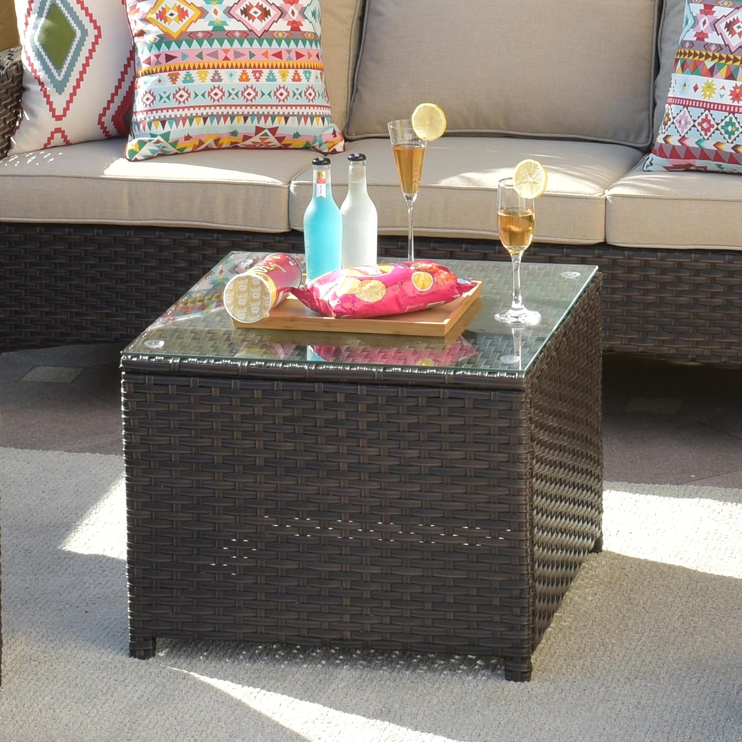 ovios Outdoor Side Table with Tempered Glass Top, Patio Wicker Rattan Coffee End Tables for All-Weather Porch Deck Balcony Garden Poolside (Brown-Medium Size)