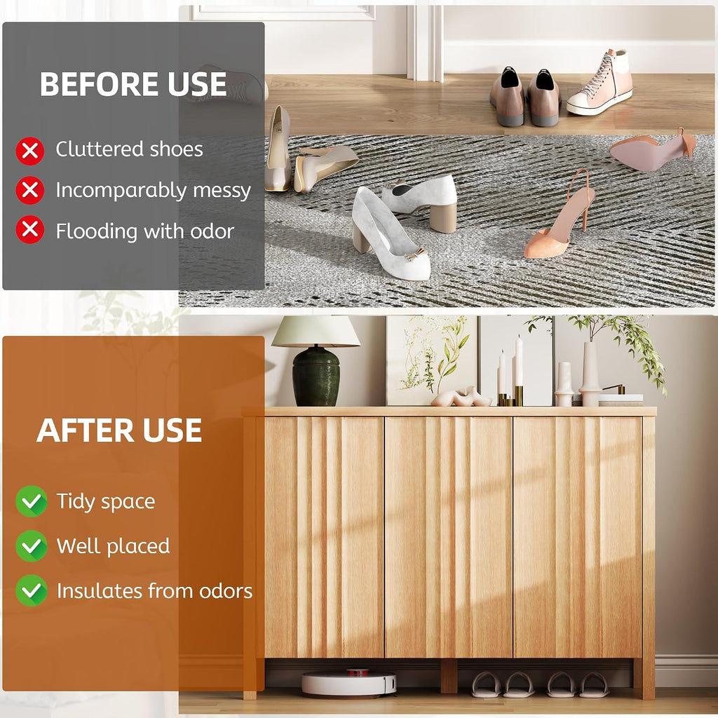 Vlsrka Shoe Cabinet with 3 Doors, Narrow Wooden Shoe Cabinet, Hidden Shoe Storage for Entryway, Foyer, Hallway (Brown)