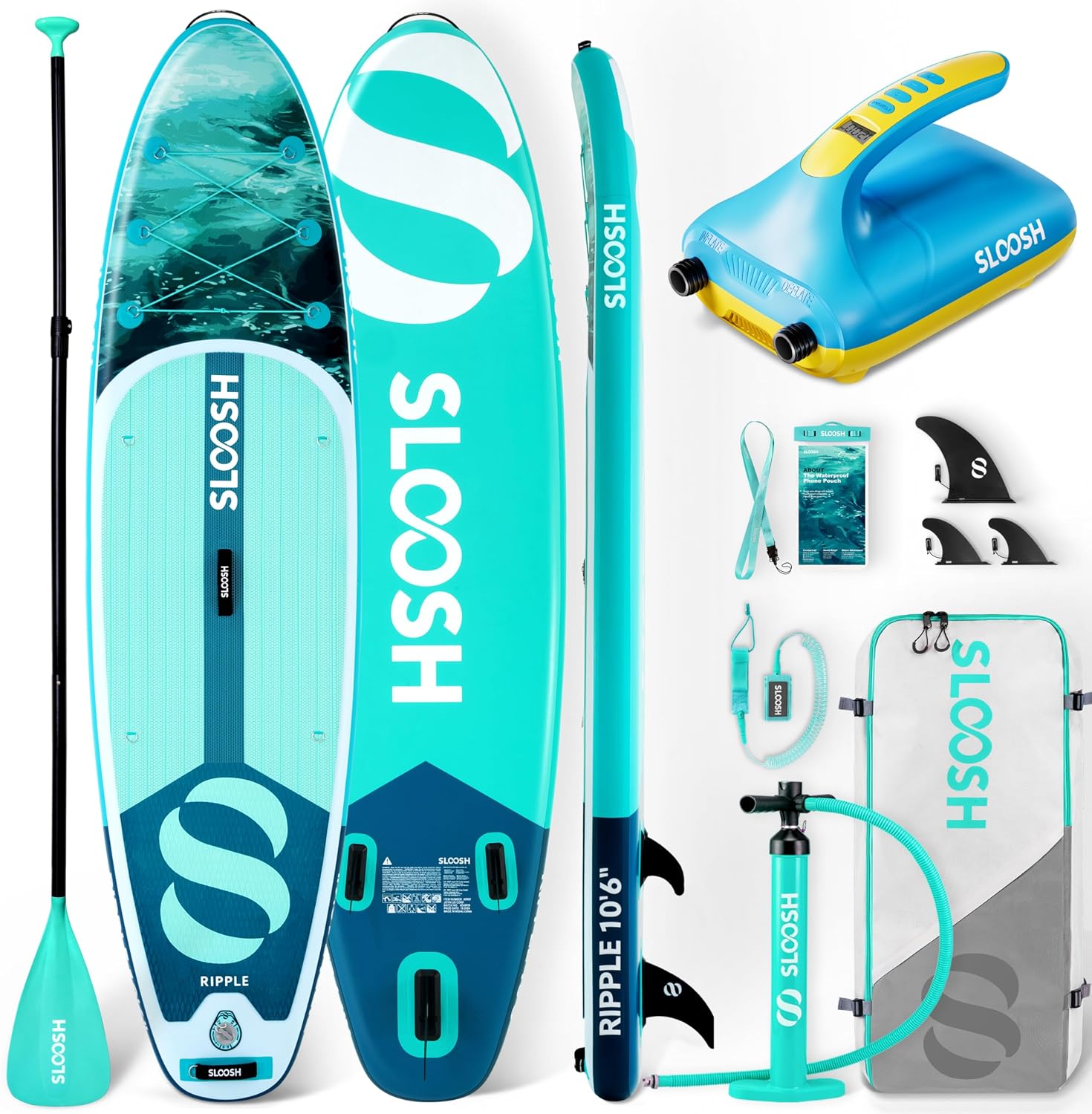 SLOOSH Inflatable SUP & Electric Pump Bundle – 10'6' Paddle Board with Premium Accessories, Non-Slip EVA Deck, 20 PSI Dual-Stage Pump for Fast Inflation, Perfect for Youth & Adults of All Skill Levels
