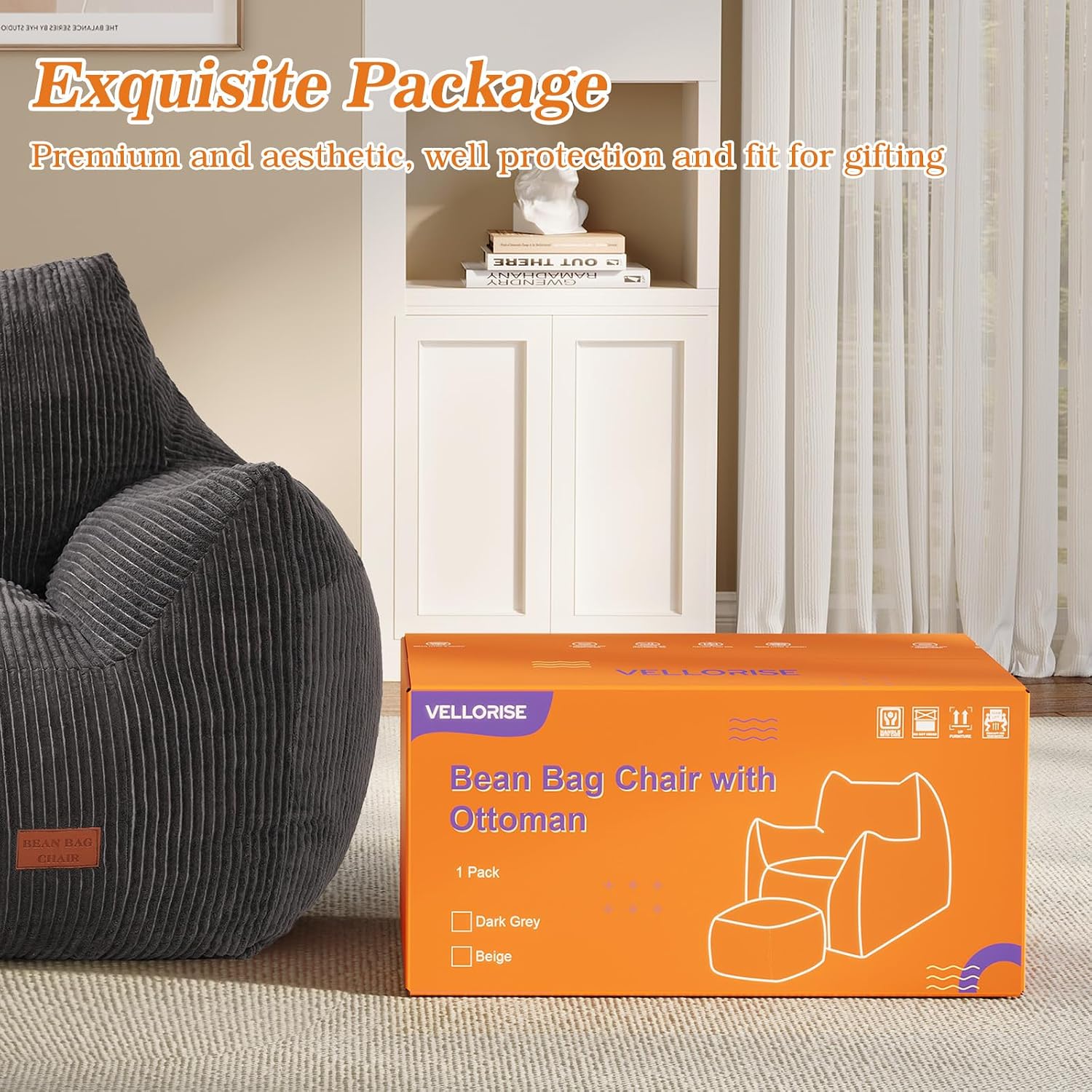 Big Bean Bag Chair for Adults, Ultra Soft Living Room Bean Bag with Armrests & Ottoman, Stuffed BeanBag Chair for Napping, Gaming, Vacuum-Compressed for Easy Gifting, 48h to Expand Dark Gray