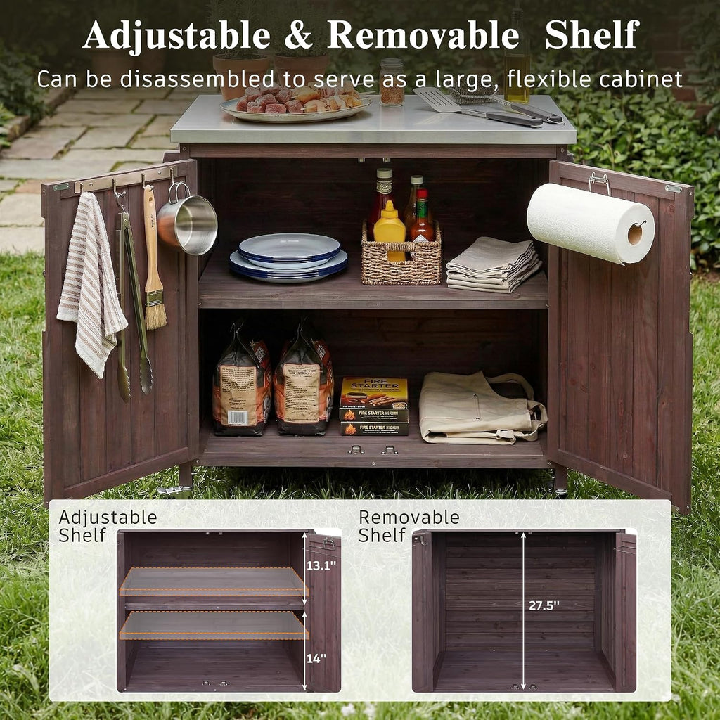 LUMISOL Outdoor Rolling Kitchen Cart with Stainless Steel Top, 42.1' Grill Cart with Adjustable Shelf and 4 Wheels, Farmhouse Kitchen Island with Side Shelf and Storage Cabinet, Dark Brown