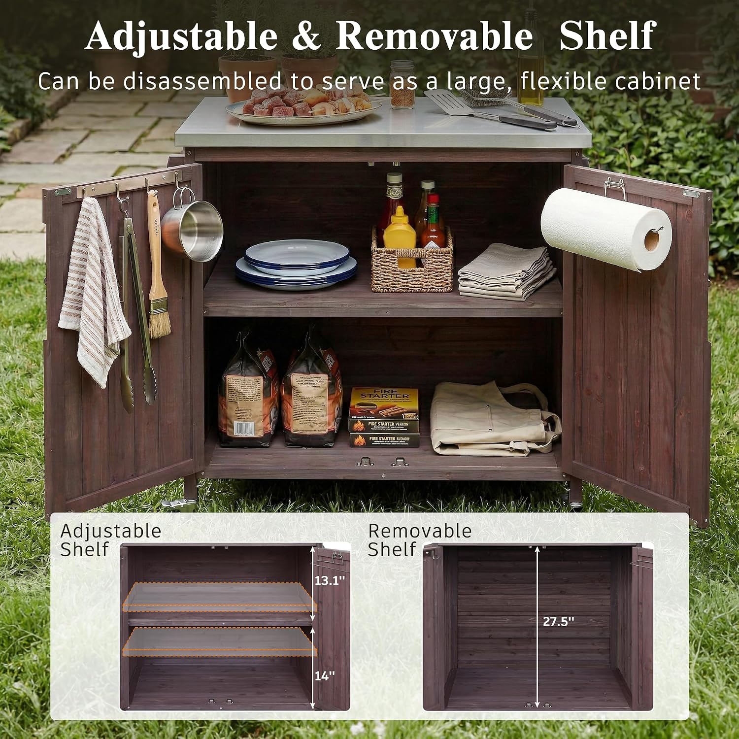 LUMISOL Outdoor Rolling Kitchen Cart with Stainless Steel Top, 42.1' Grill Cart with Adjustable Shelf and 4 Wheels, Farmhouse Kitchen Island with Side Shelf and Storage Cabinet, Dark Brown