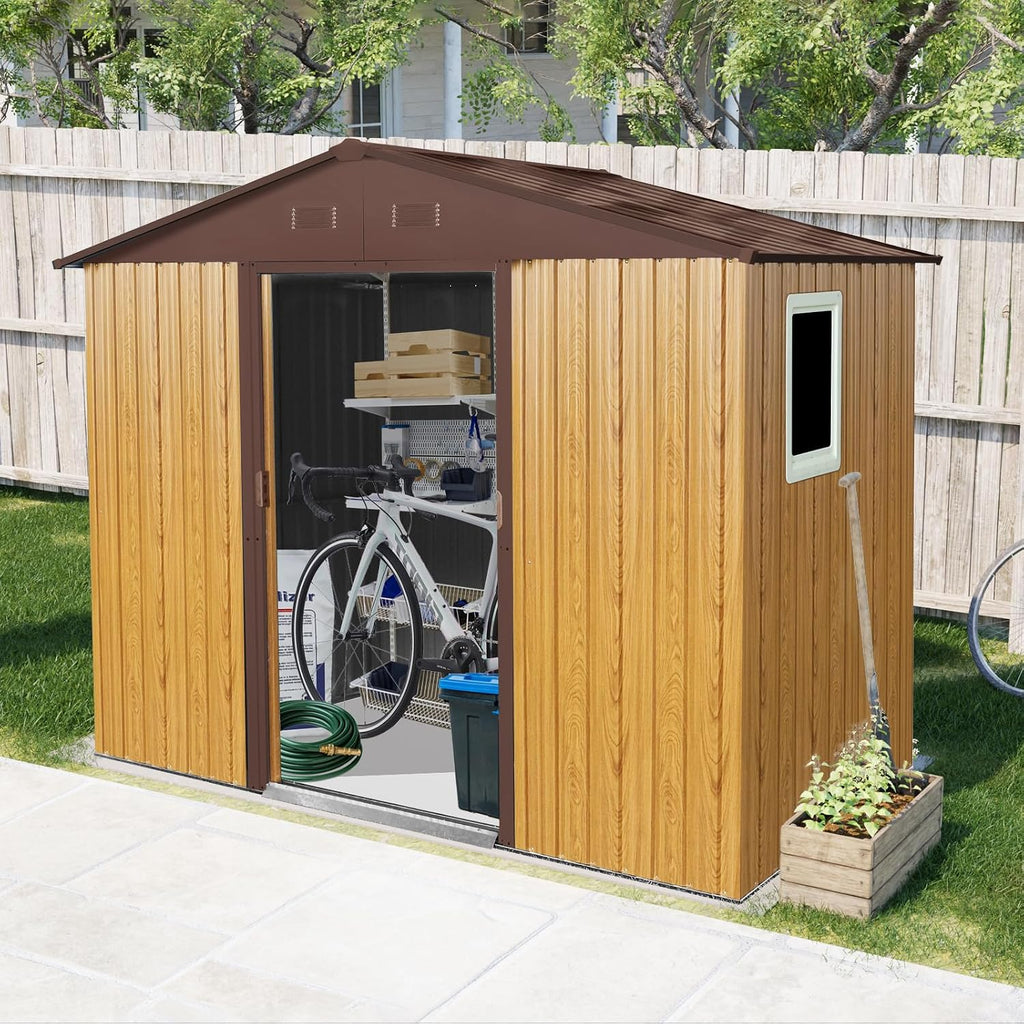 KEIKI 8x4 FT Outdoor Metal Storage Shed with Peaked Roof,4 Air Vents,Window and Metal Foundation for Garden Yard Lawn