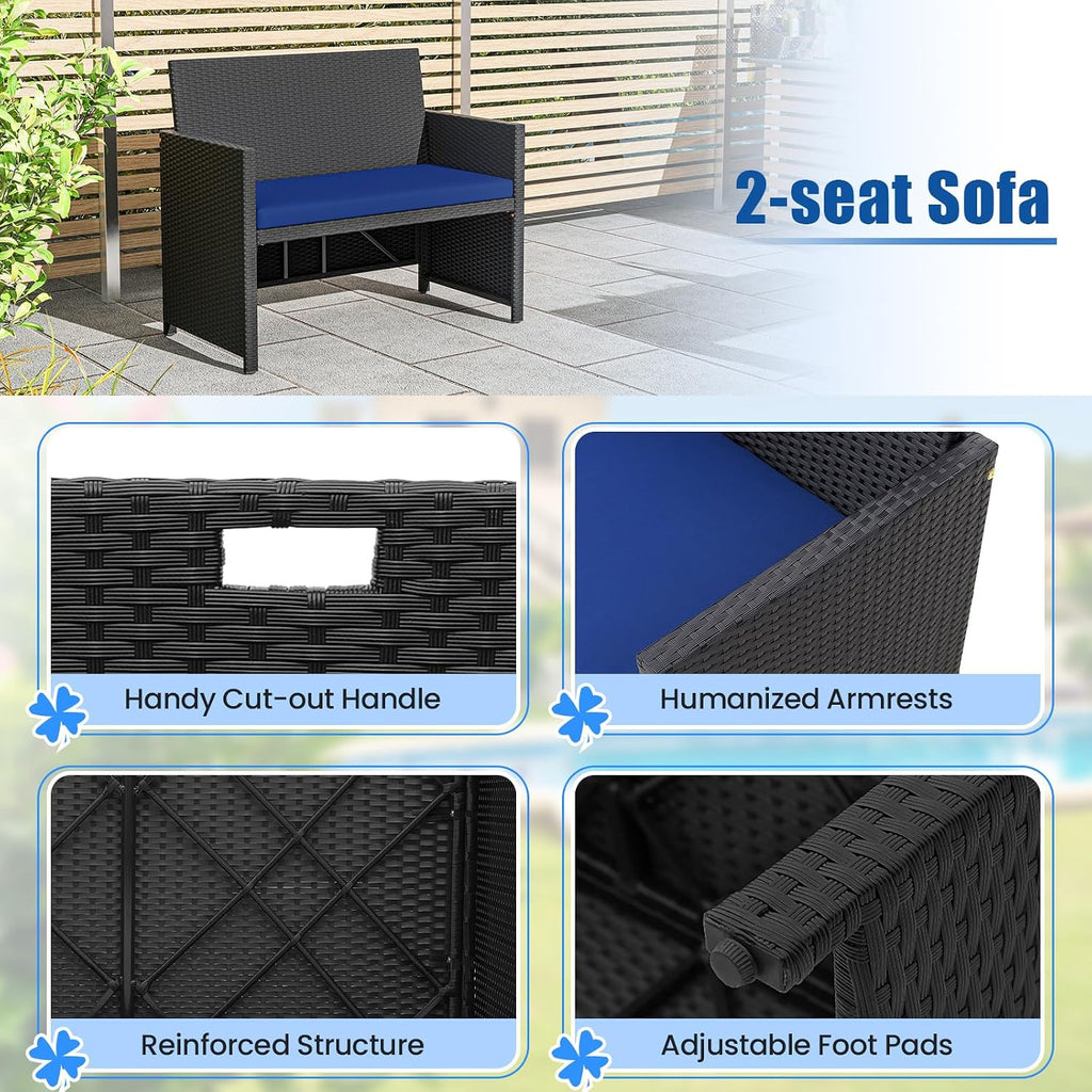 Tangkula 4 Pieces Patio Dining Set, Space Saving PE Rattan Loveseat with Acacia Wood Top Dining Table, Storage Ottomans & Soft Cushions, Outdoor Sectional Conversation Set (Navy Blue)