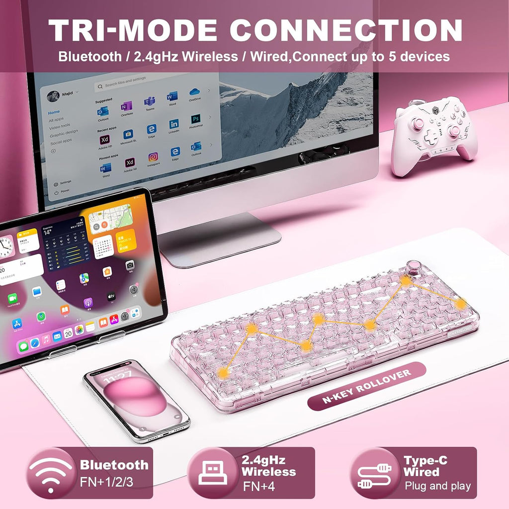 YUNZII X98 QMK/VIA Wireless Mechanical Gaming Keyboard with Knob,Tri-Mode BT5.0/USB-C/2.4GHz Hot Swappable Keyboard,Pre-lubed Switches Gasket Mount RGB Backlit for Wins/Mac (Pink, Crystal Switch)