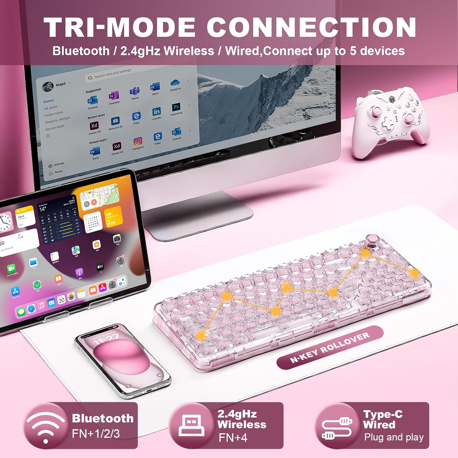 YUNZII X98 QMK/VIA Wireless Mechanical Gaming Keyboard with Knob,Tri-Mode BT5.0/USB-C/2.4GHz Hot Swappable Keyboard,Pre-lubed Switches Gasket Mount RGB Backlit for Wins/Mac (Pink, Crystal Switch)
