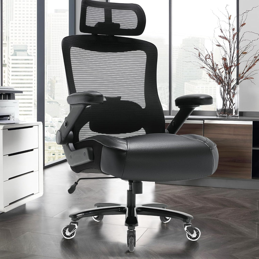 Big and Tall Office Chair 600lbs with 3D Flip Arms Adjustable Headrest - Heavy Duty Large Wheels Executive Computer Desk Chair, Ergonomic Lumbar Support Mesh High Back Plus Size Chair for Adults