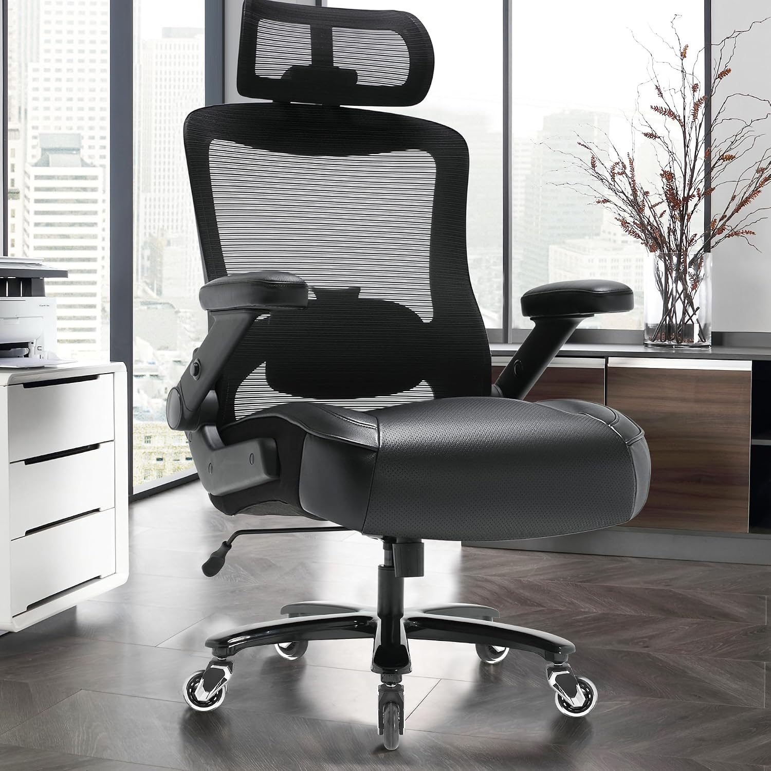 Big and Tall Office Chair 600lbs with 3D Flip Arms Adjustable Headrest - Heavy Duty Large Wheels Executive Computer Desk Chair, Ergonomic Lumbar Support Mesh High Back Plus Size Chair for Adults