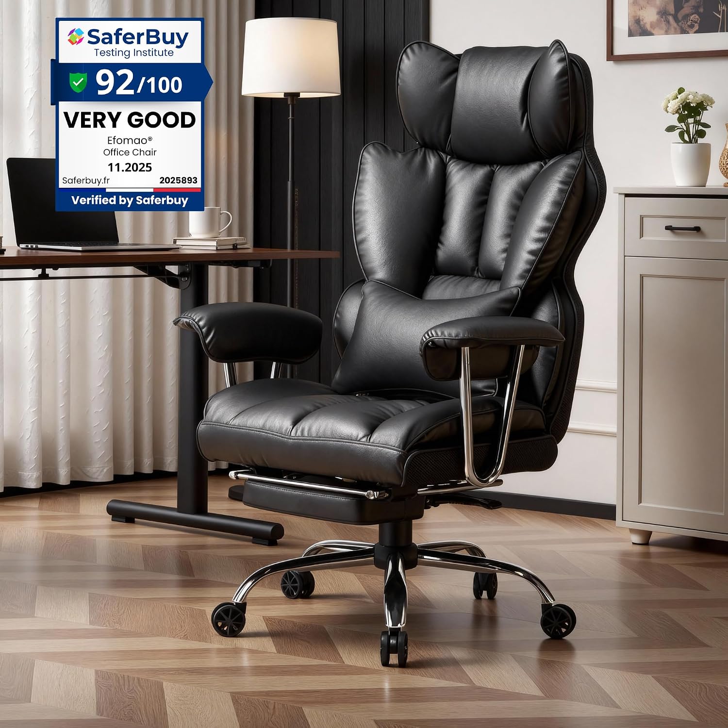 Efomao Big and Tall Office Chair, 400lbs Heavy Duty High Back Executive Chair with 23.6' Extra Wide Seat, PU Leather Desk Chair with Footrest and Padded Armrests, Black