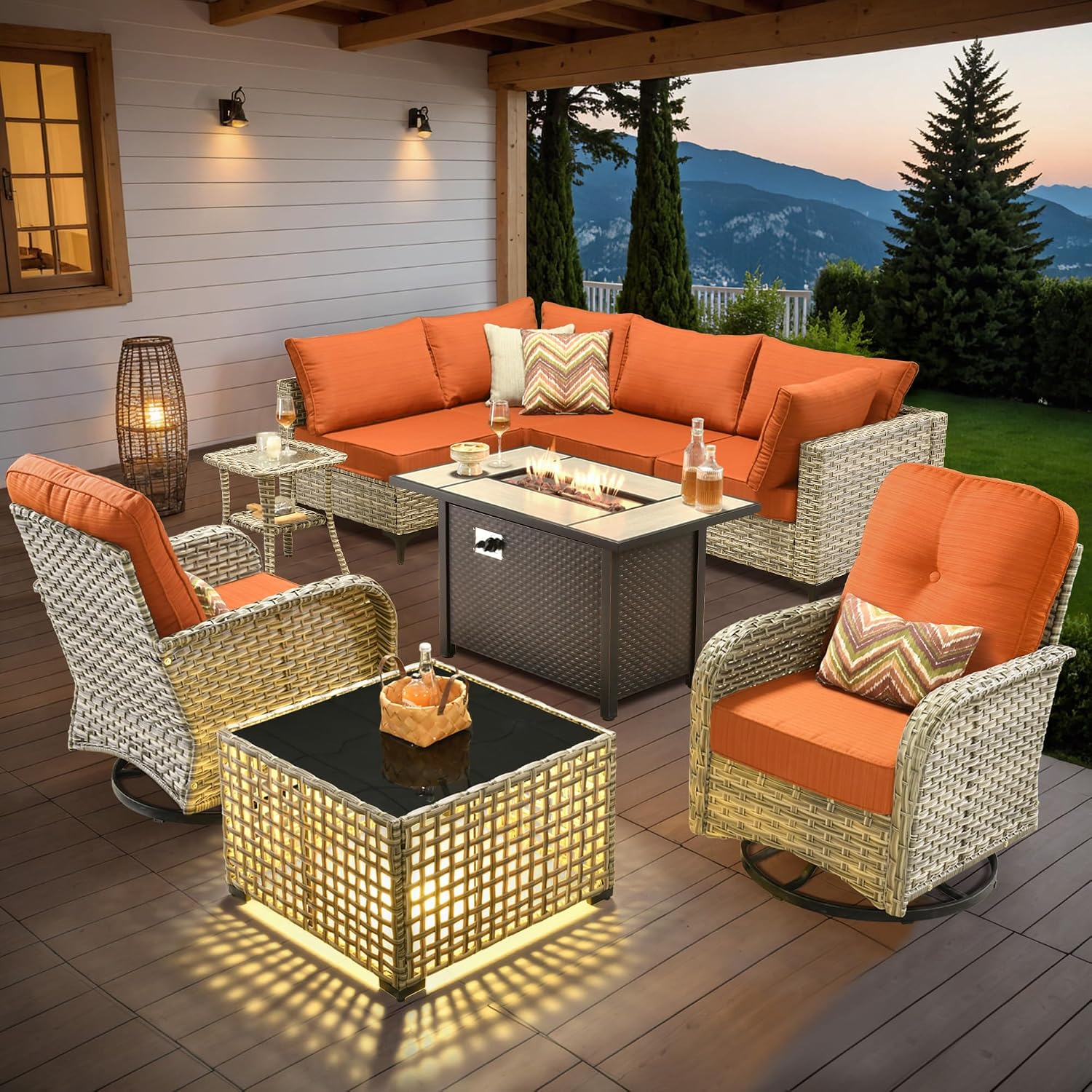 Outdoor Sectional Patio Furniture Set with Swivel Rocking Chairs,9 Pieces Wicker Conversation Sets L Shaped Couch Out Door Sofa Set Outside Furniture for Garden Deck Yard Porch,Orange Red
