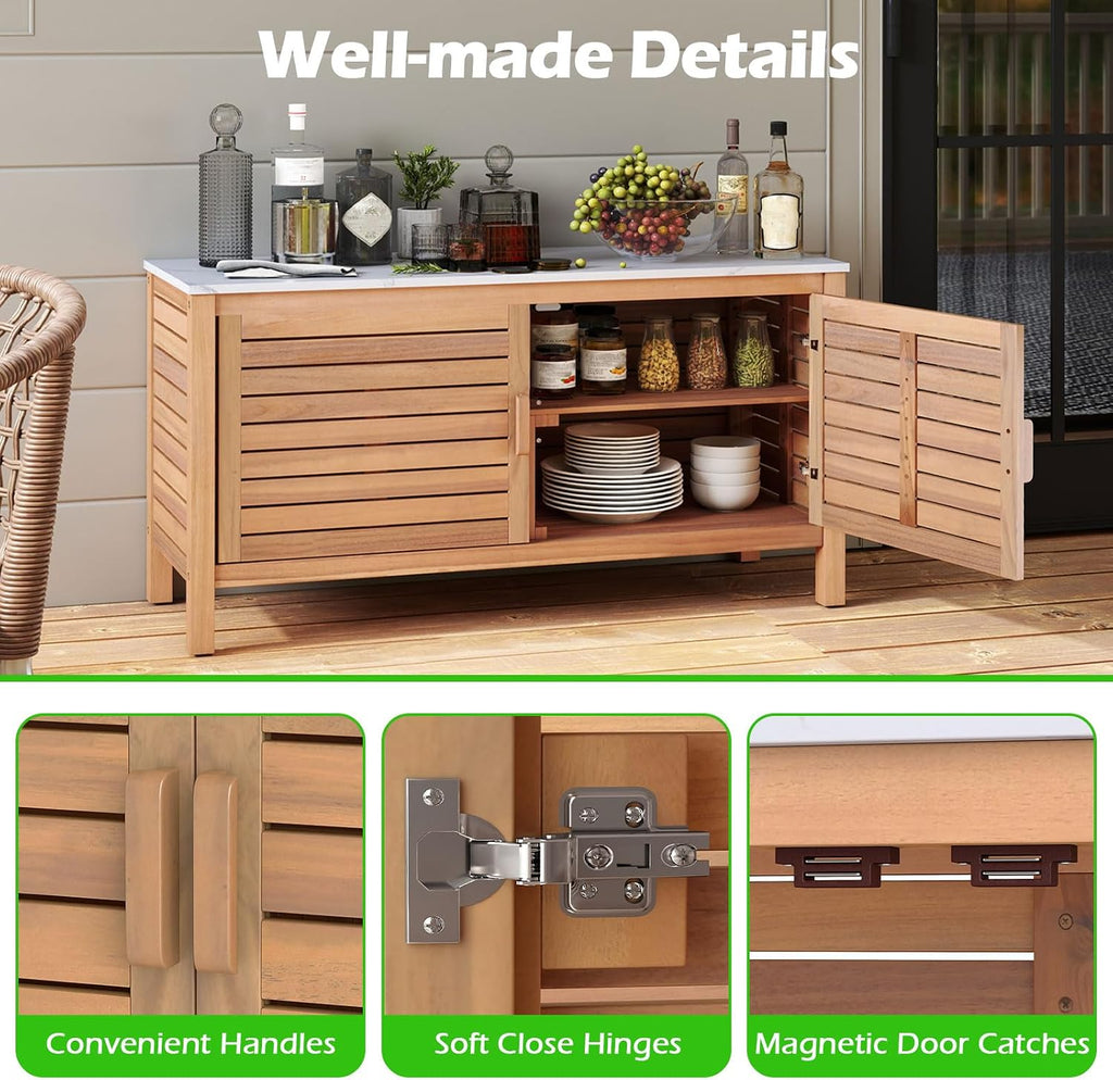 Goplus Patio Storage Cabinet, 2-Door Acacia Wood Console Table with Faux Marble Top, Outdoor Wooden Sideboard for Deck, Garden, Backyard & Entryway