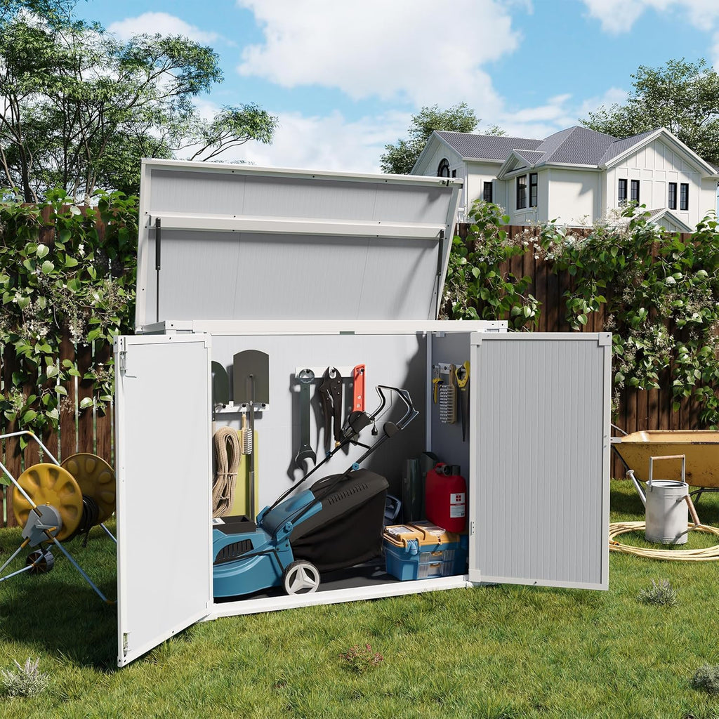 Storage Shed Outdoor Plastic Garden Shed Tool Resin Shed with Floor Waterproof Horizontal Storage Deck Box Outside Storage Container with Lockable Door for Patio（Light Grey）