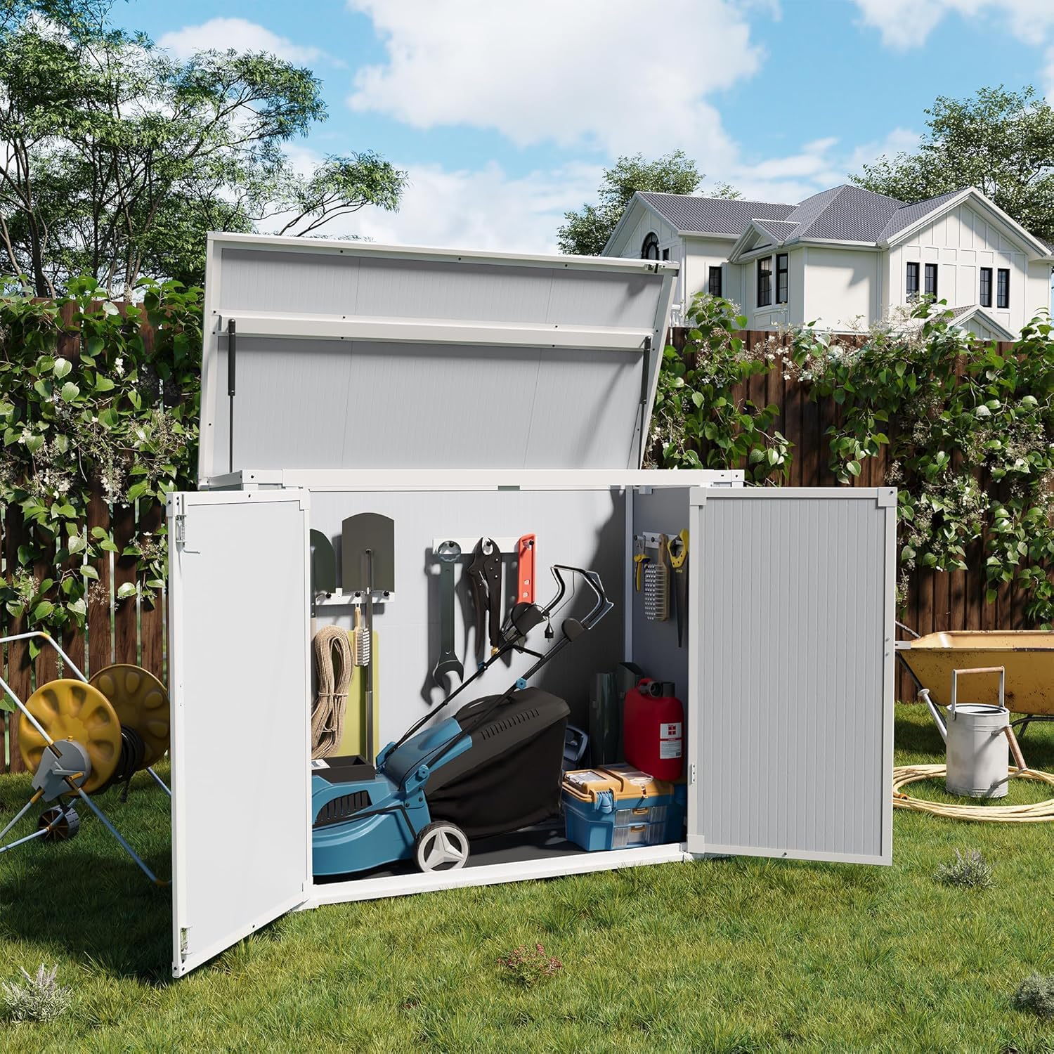 Storage Shed Outdoor Plastic Garden Shed Tool Resin Shed with Floor Waterproof Horizontal Storage Deck Box Outside Storage Container with Lockable Door for Patio（Light Grey）