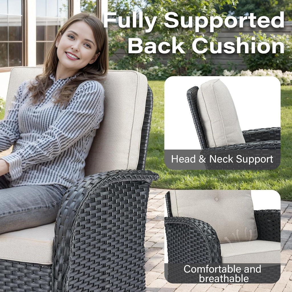 Belord 3 Pieces Black Wicker Patio Furniture Outdoor Swivel Rocker Patio Glider Chairs Set of 2 with Side Table Beige Cushion