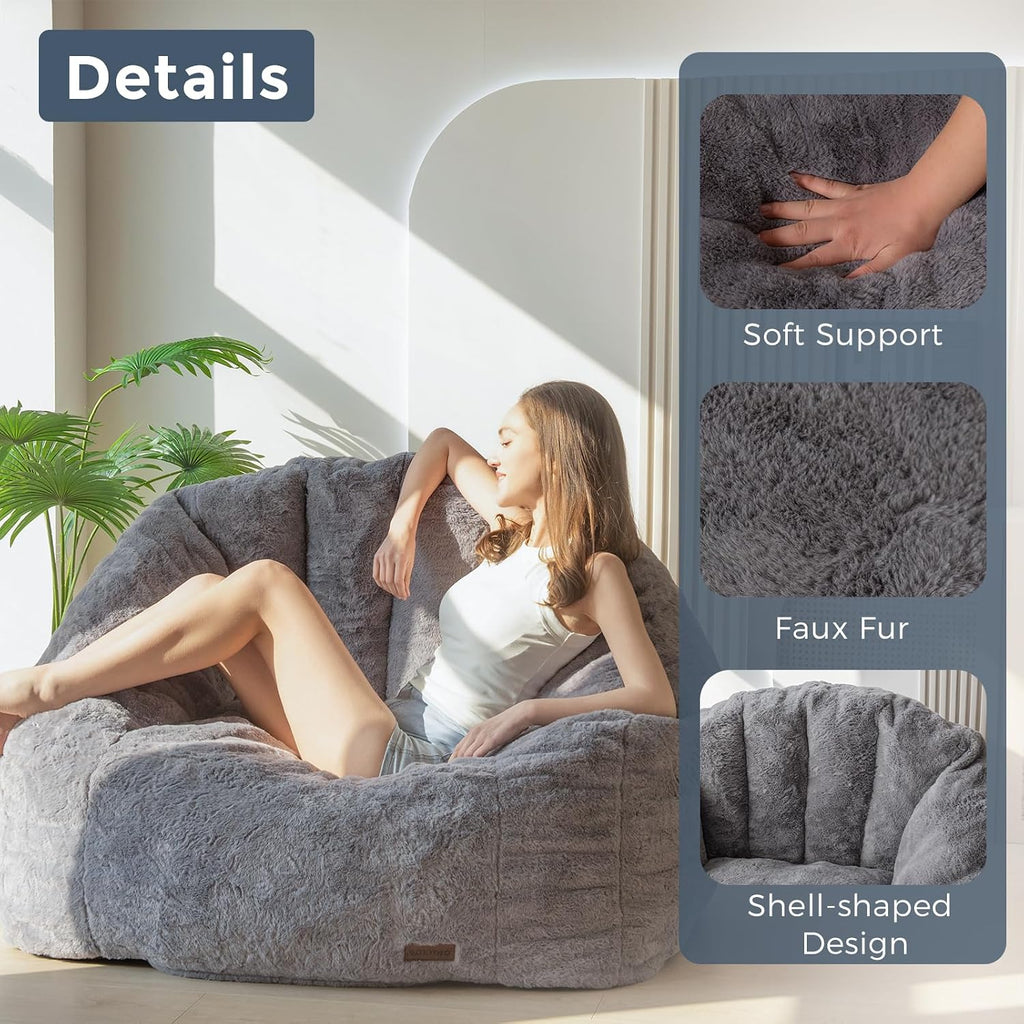 MAXYOYO Giant Bean Bag Chair, Oversized Bean Bag Couch for Adults and Kids, Faux Fur Shell-Shaped Large Chair with Filler, Stuffed Big Accent Sofa Lounge Floor Sofa for Reading, Dark Grey, Standard
