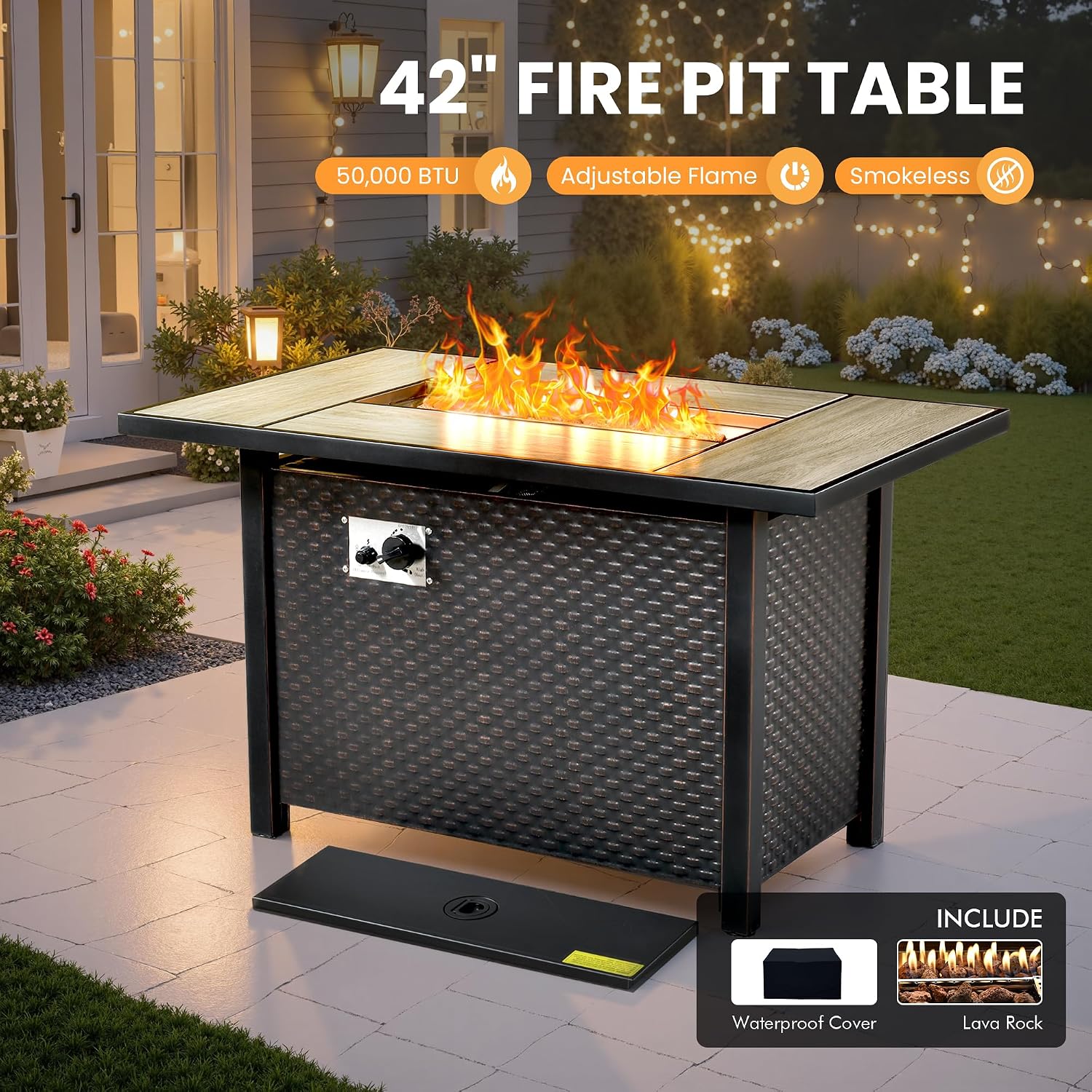 Outdoor Sectional Patio Furniture Set with Fire Pit Table and Glowing Table,8 Pieces Wicker Conversation Sets L Shaped Couch Out Door Sofa Set Outside Furniture for Garden Deck Yard,Orange Red
