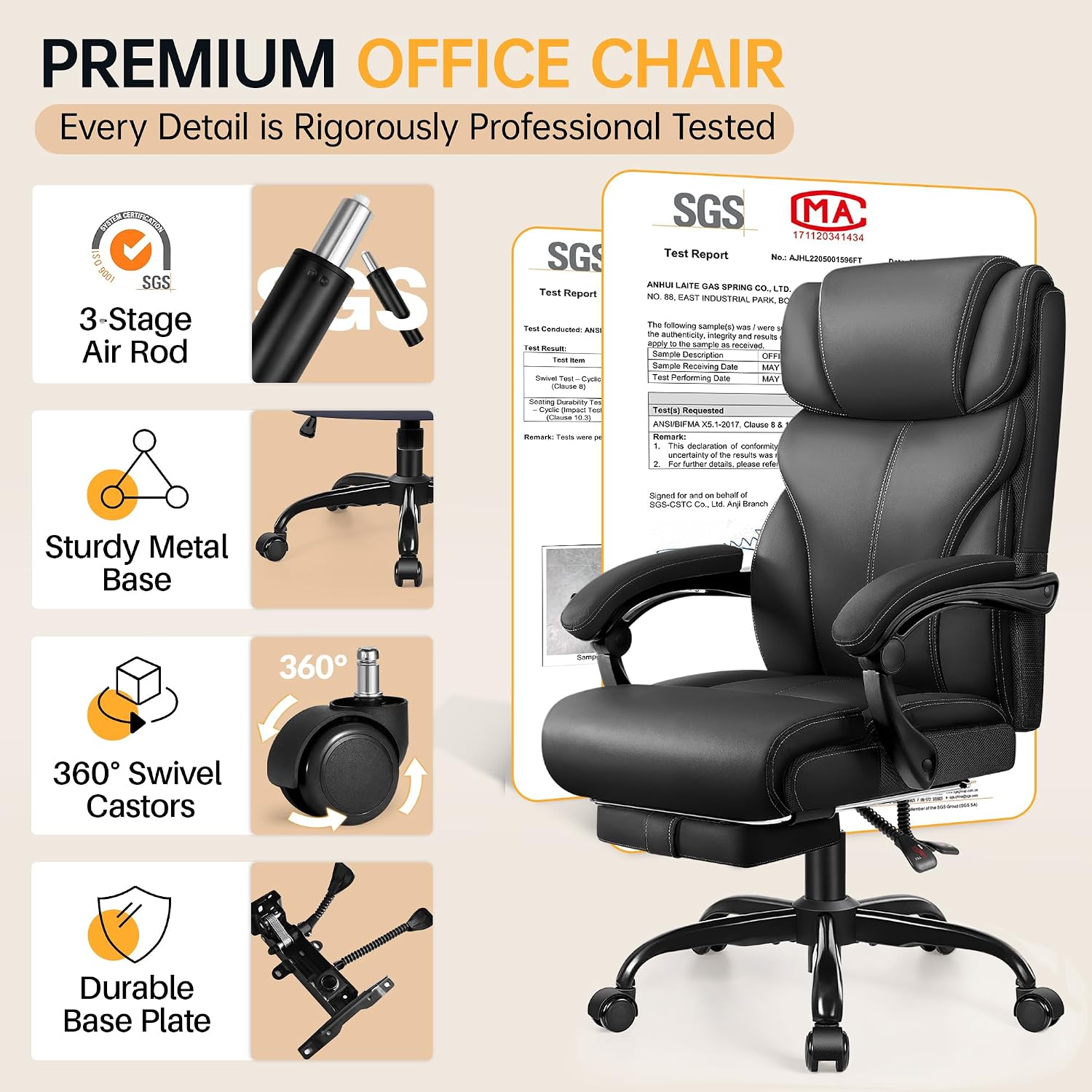 HeroSet Office Chair, Executive Big and Tall Leather Desk Chairs with Footrest, Ergonomic Breathable Computer Chair with Adjustable High Back, Lumbar Support Swivel PC Chairs