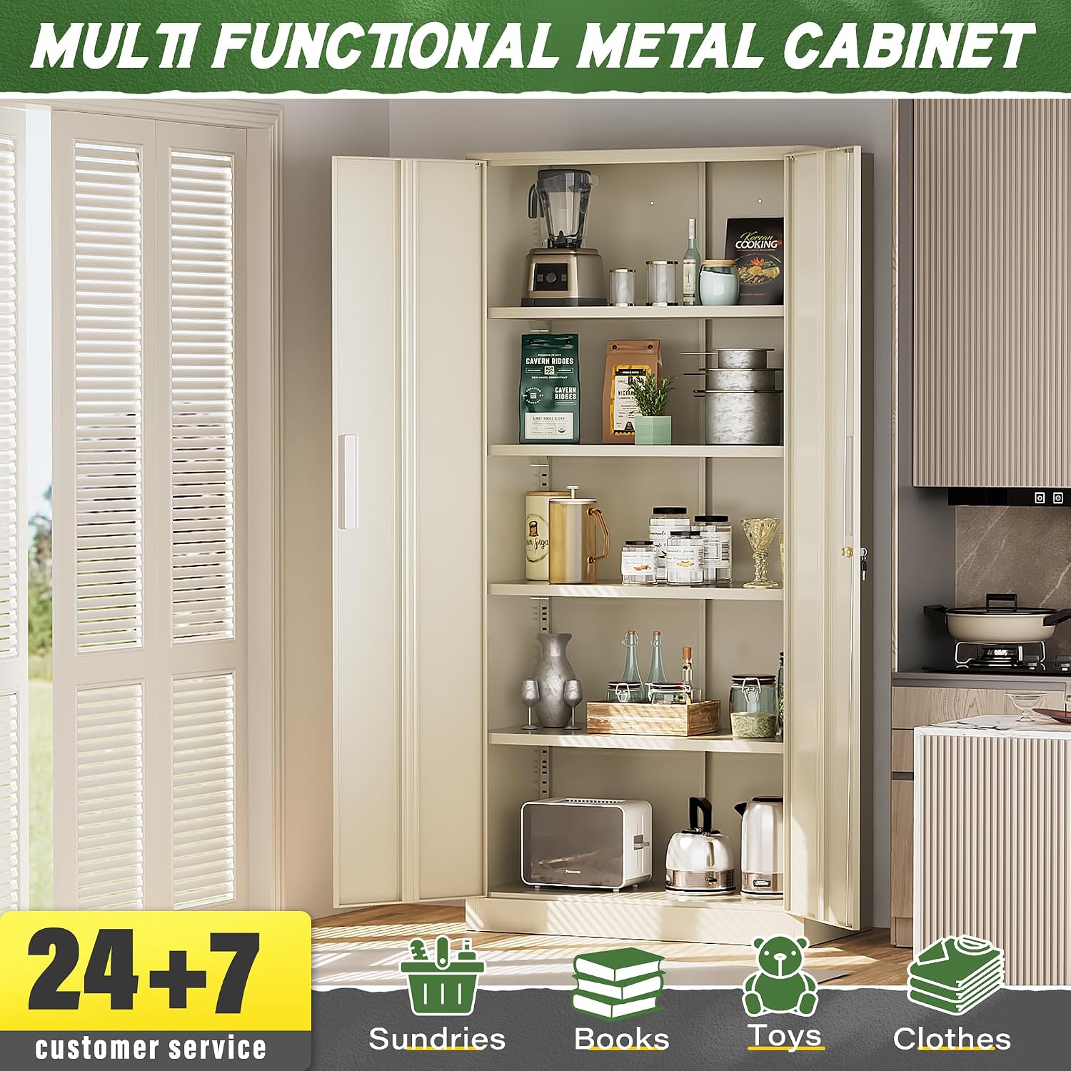 Greenvelly Metal Storage Cabinet, Gray Steel Garage Cabinet with Doors and Adjustable Shelves, Metal Cabinet with Lock,Garage Cabinets and Storage System for Garage,Home Office,School