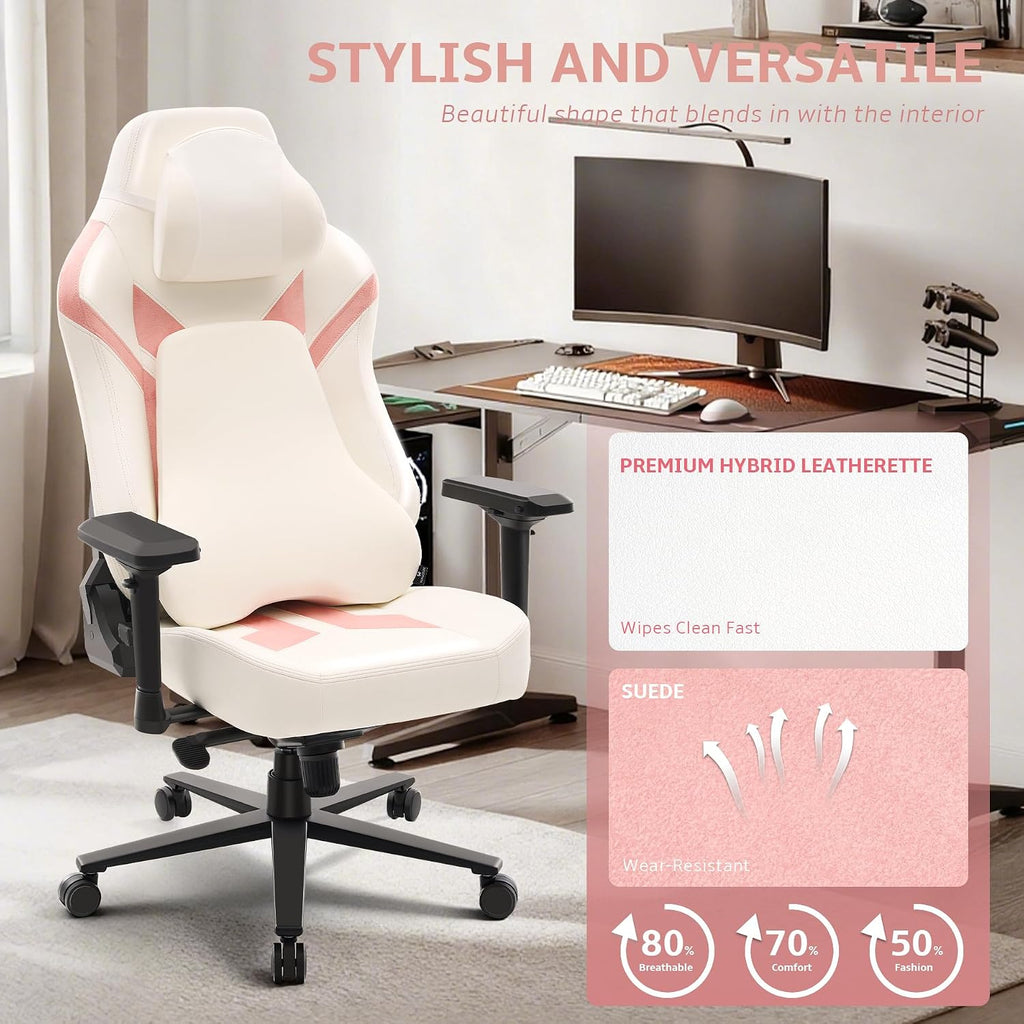 Ergonomic Gaming Chair, Computer Desk Chairs, 4D Armrests, High Back Office Chair with Headrest & Lumbar Pillow, Tilt Rocker Recliner, Heavy-Duty Base, White PU Leather & Pink Suede Comb