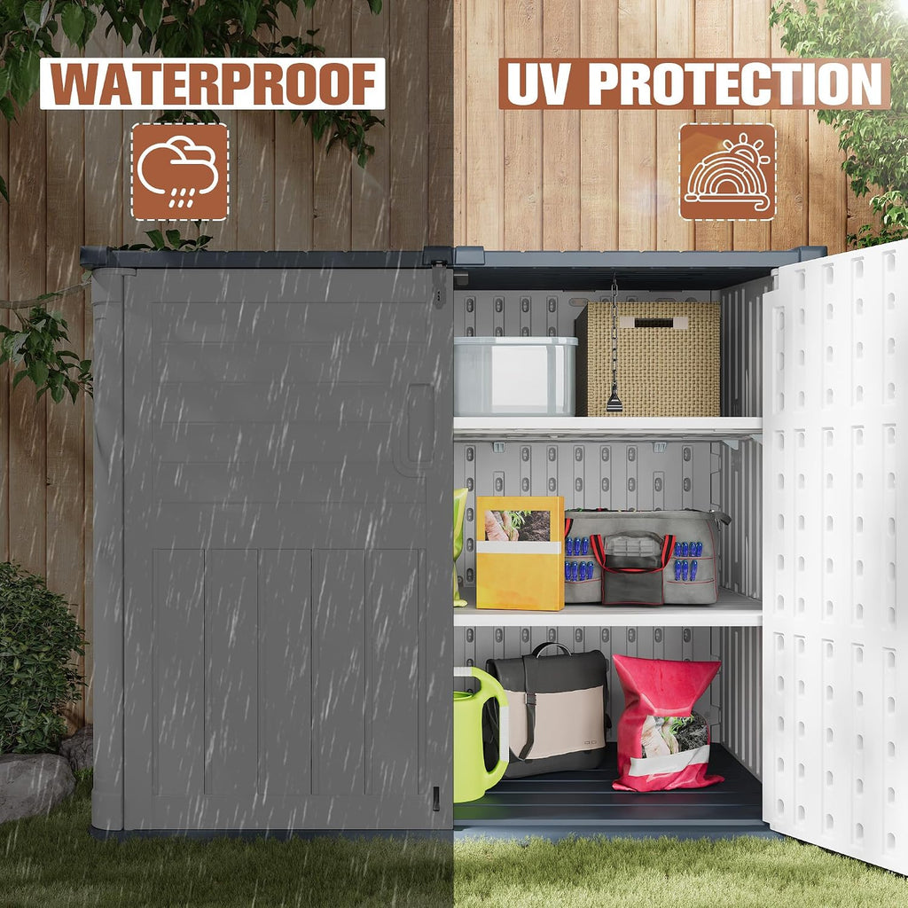 TUOZE 34 Cu Ft Resin Storage Shed with 2 Shelves, Waterproof Outdoor Storage Cabinet with Sloping Roof & Lockable Lid for Garden Tools, Trash Cans (Beige)