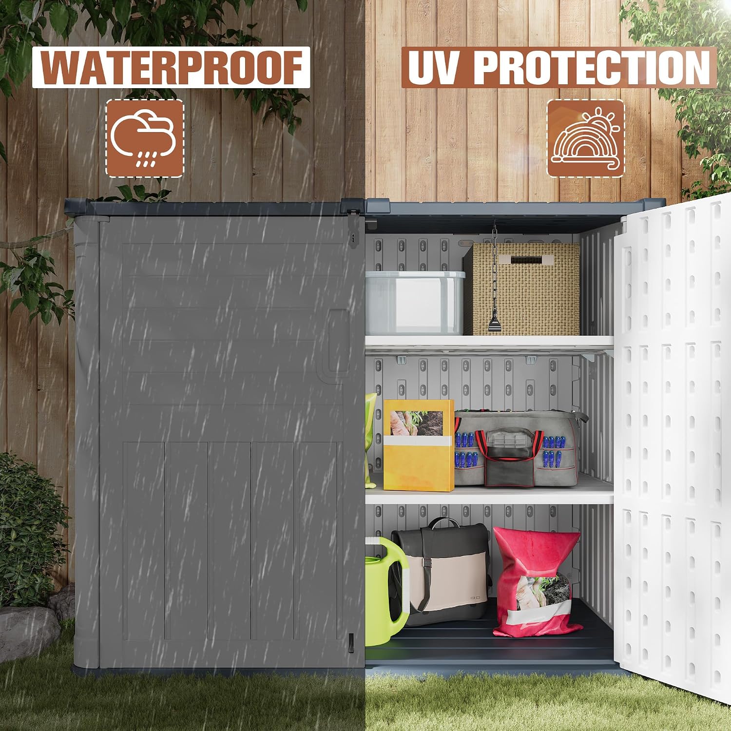TUOZE 34 Cu Ft Resin Storage Shed with 2 Shelves, Waterproof Outdoor Storage Cabinet with Sloping Roof & Lockable Lid for Garden Tools, Trash Cans (Beige)