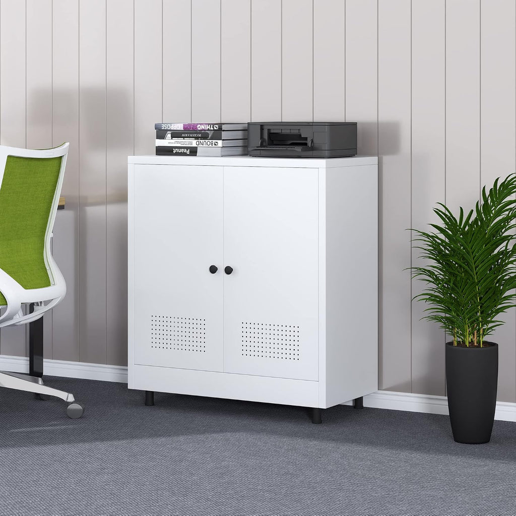 Metal Storage Cabinet with 2 Doors and Adjustable Shelf, Free Standing Accent Sideboard Buffet Cabinet for Home, Office, Entryway, Hallway, Living Room, Kitchen and Dining Room (White)