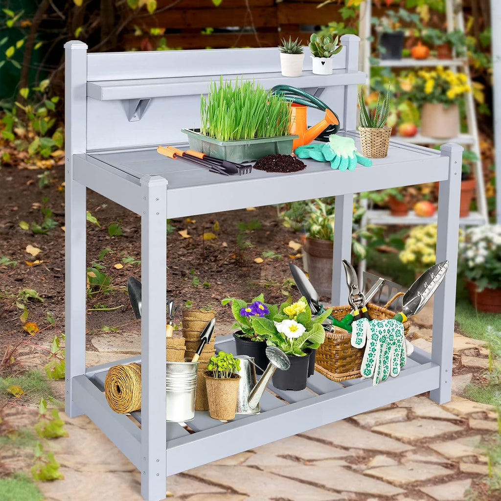 EAGLE PEAK Potting Bench, Weatherproof Vinyl Potting Table for Outdoor & Indoor Use, Easy Clean Garden Workstation with Storage Shelves, Gray, 40'