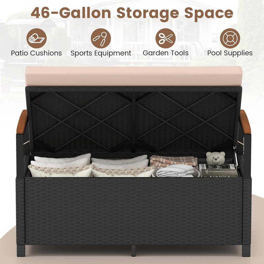 RELAX4LIFE Wicker Outdoor Storage Bench, Rattan Deck Box w/Protective Liner for Patio Furniture Pillows & Garden Tools, Porch Loveseat with Seat Cushion, Acacia Wood Armrests (Black-Beige)