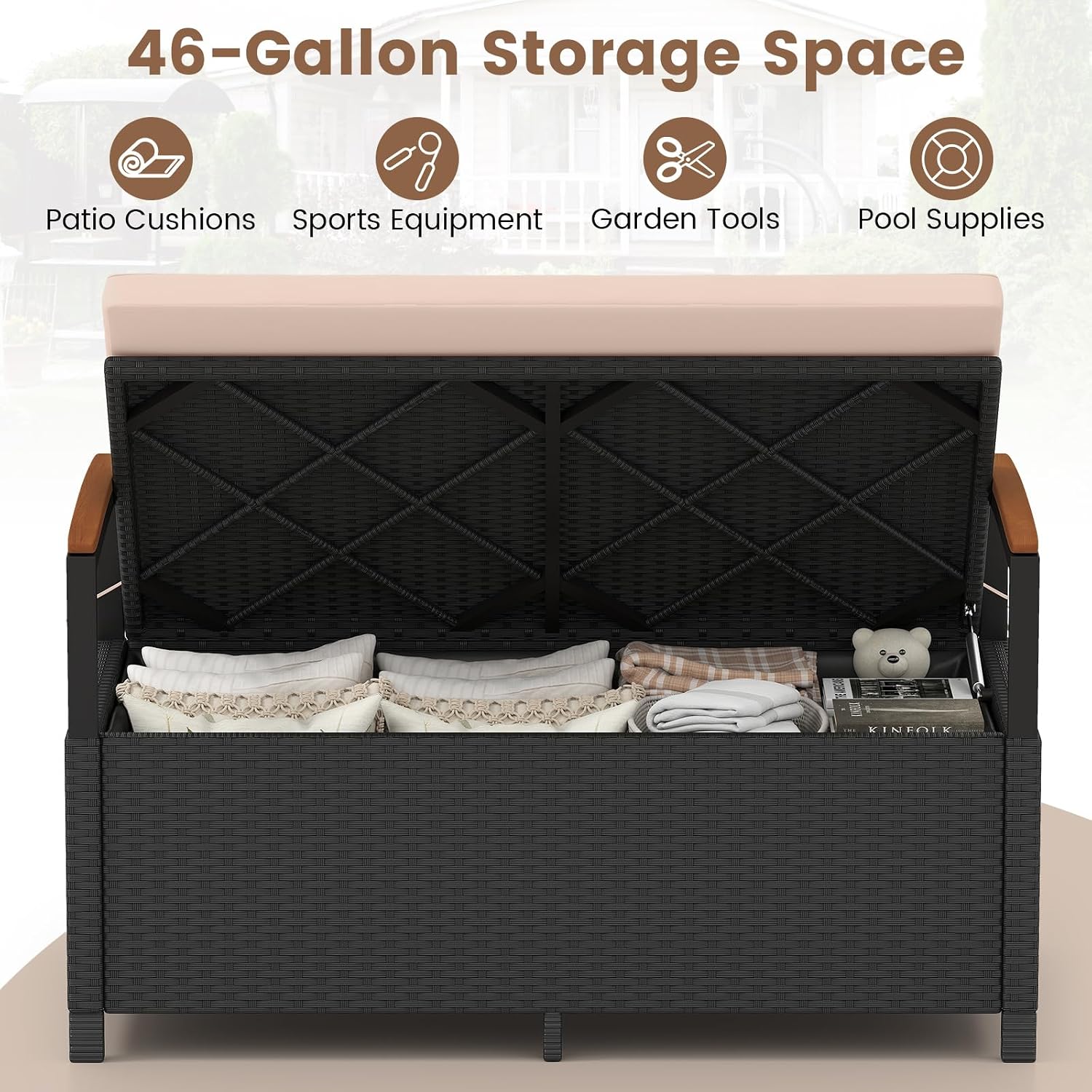 RELAX4LIFE Wicker Outdoor Storage Bench, Rattan Deck Box w/Protective Liner for Patio Furniture Pillows & Garden Tools, Porch Loveseat with Seat Cushion, Acacia Wood Armrests (Black-Beige)