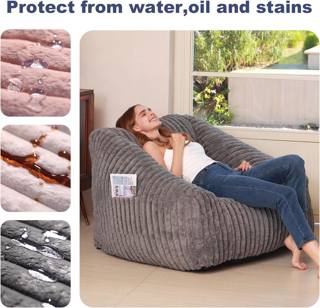 Bean Bag Chair with Memory Foam Filling- Large Stuffable Soft Giant Beanbag Reading Chair, Adults Lounge Gaming Lazy Sofa Bed for Living Room Bedroom- Grey, Stripe Fur