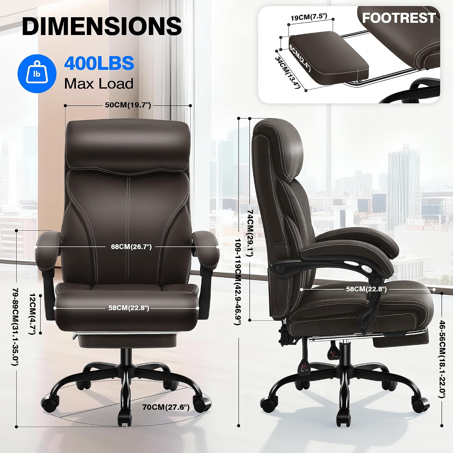 AreShark Office Chair - Ergonomic Comfortable High Back Computer Desk Chair with Foot Rest - Executive Breathable Swivel Rolling Reclining Leather Chair with Lumbar Support for Home Gaming Relaxing