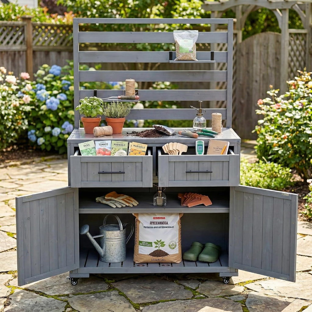 64.9'' H Large Patio Kitchen Island Solid Wood Kitchen Cart, Grill Prep BBQ Table, Garden Potting Bench with Stainless Table Top, 3 Movable Shelves and 2 Drawers (Gray-64.9'')