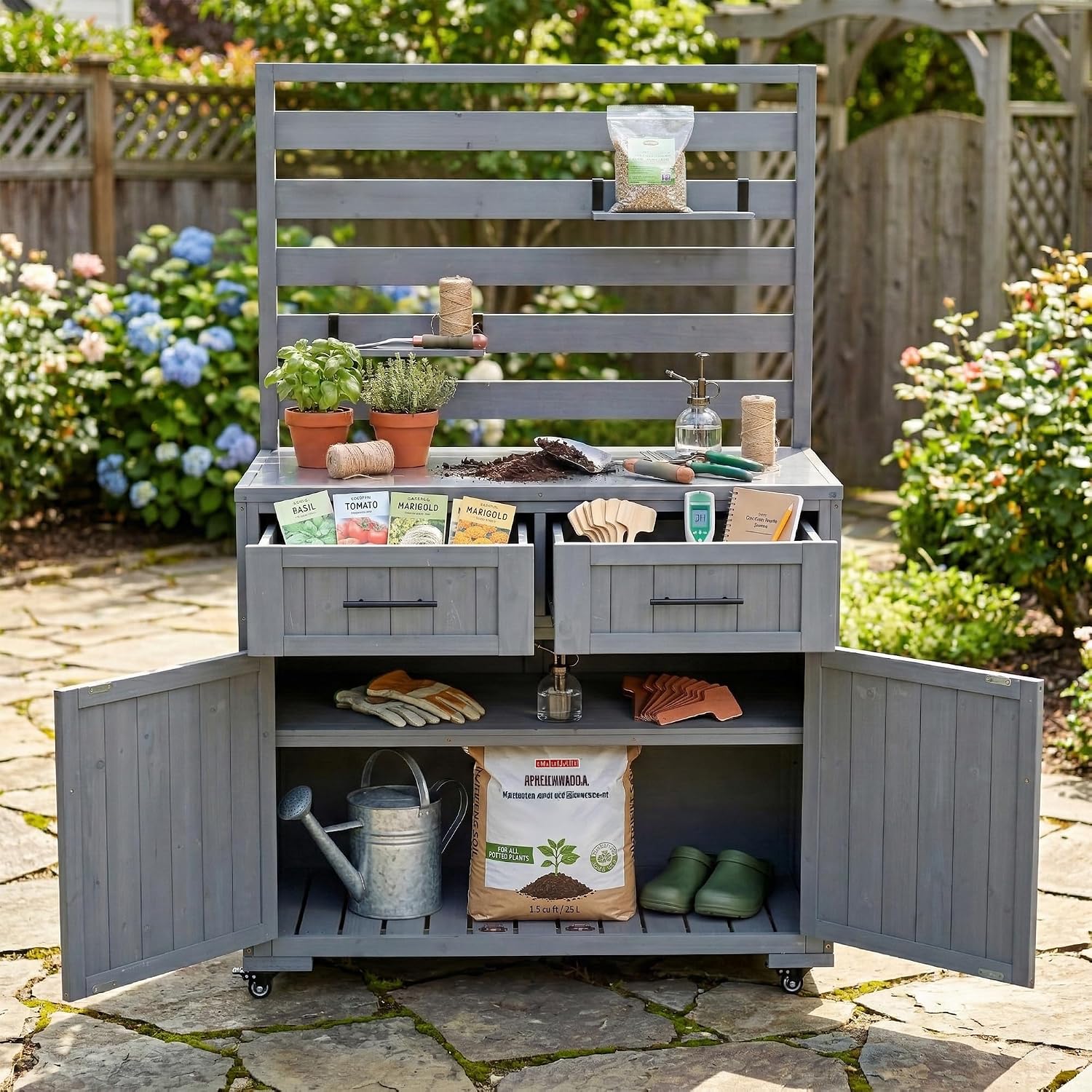 64.9'' H Large Patio Kitchen Island Solid Wood Kitchen Cart, Grill Prep BBQ Table, Garden Potting Bench with Stainless Table Top, 3 Movable Shelves and 2 Drawers (Gray-64.9'')