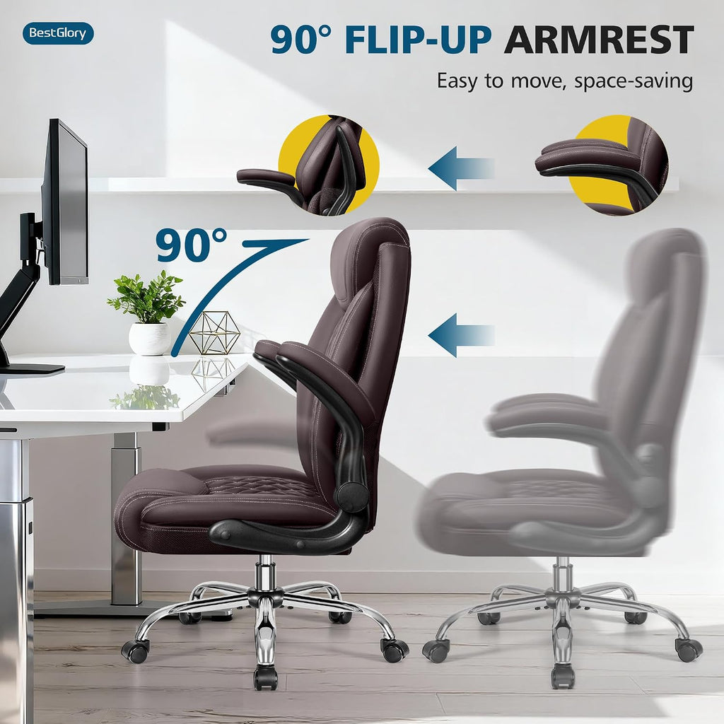 Office Chair, Executive Leather Office Chairs with Rocking Function, Big and Tall Ergonomic Computer Chair with Lumbar Support Flip-Up Armrests, Comfortable Gaming Chairs for Home Ofiice