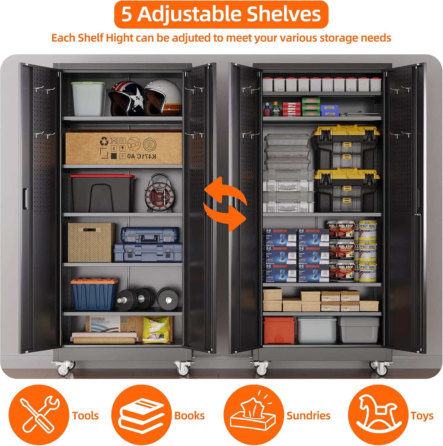 SUXXAN Garage Storage Cabinet with Wheels Pegboard and 5 Adjustable Shelves, 71'' x 32'' x 16''Metal Lockable Cabinet with Magnetic Doors,Tool Storage,Home Office Garage,Gym,School (Black)