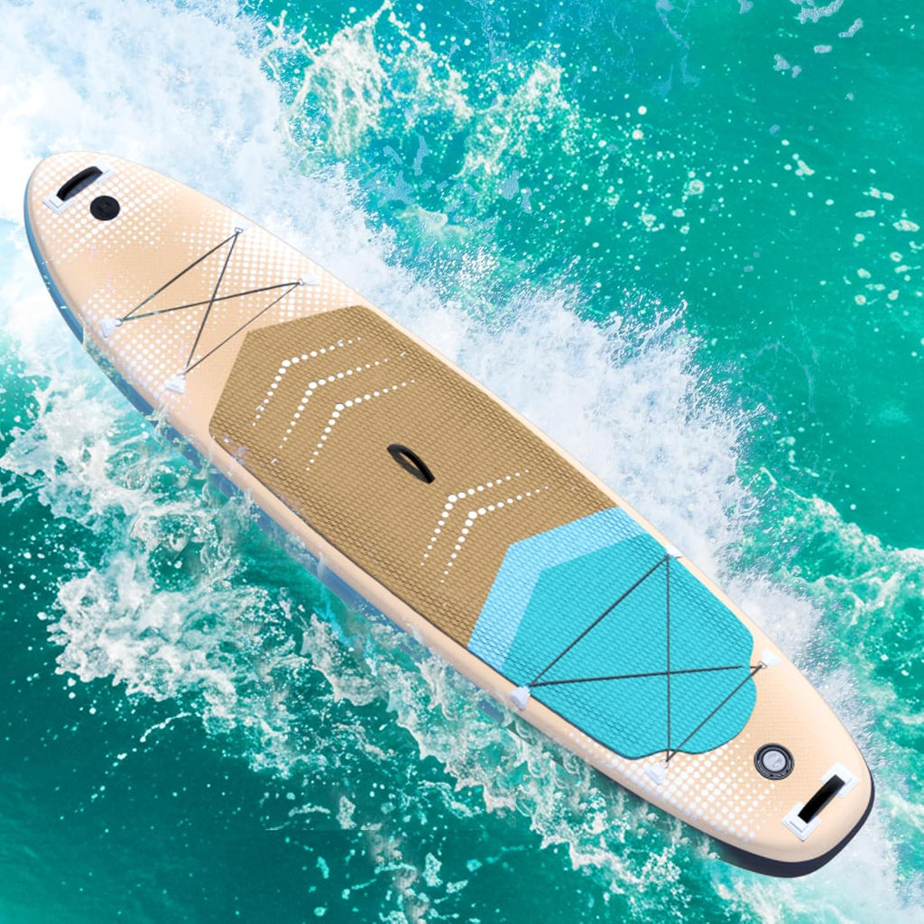 Inflatable 10.5' Stand Up Paddle Board with Strapped Seat, Premium SUP Board Kit, Includes Paddle, Pump, Backpack, Waterproof Bag, Perfect for Yoga, Fishing, and Surfing, Orange & Blue