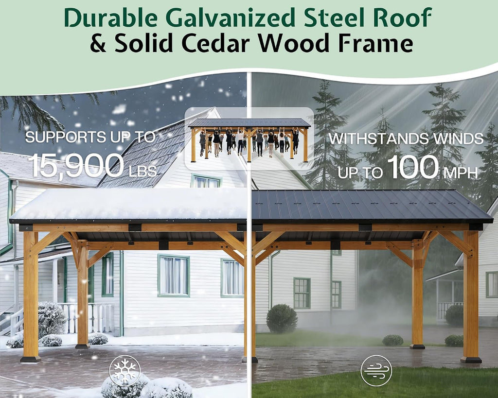 Jocisland 12' x 24' Cedar Wood Hardtop Gazebo with Galvanized Steel Roof, Waterproof Outdoor Gazebo Pavilion, Heavy-Duty Snow & Wind Resistant Carport for Patio, Driveway, Garden